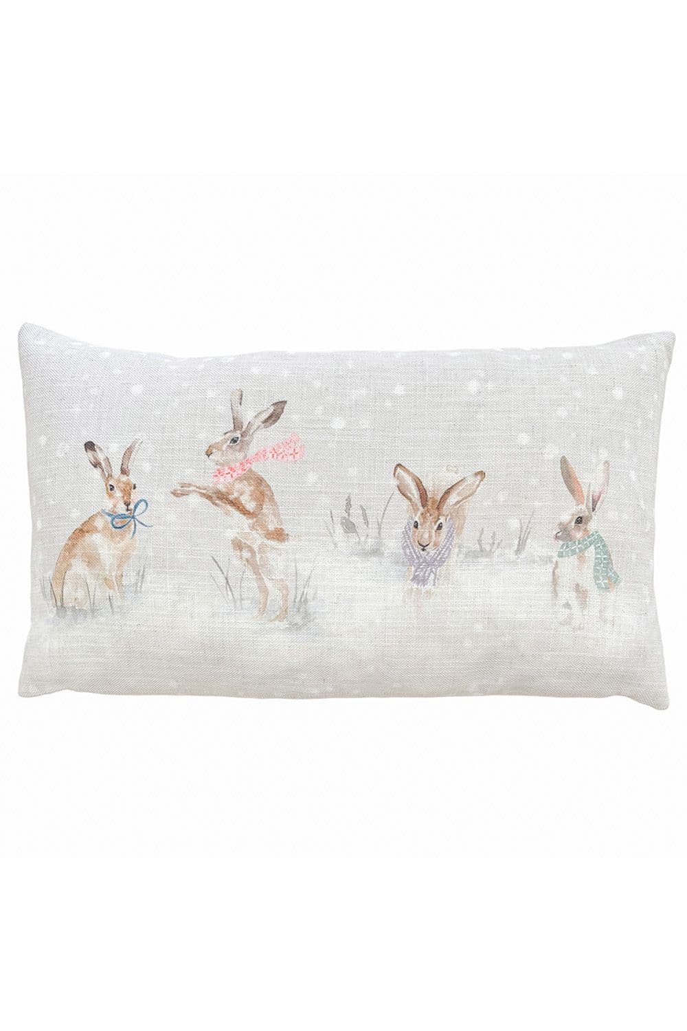 Snowy Hare Hand Painted Printed Christmas Cushion