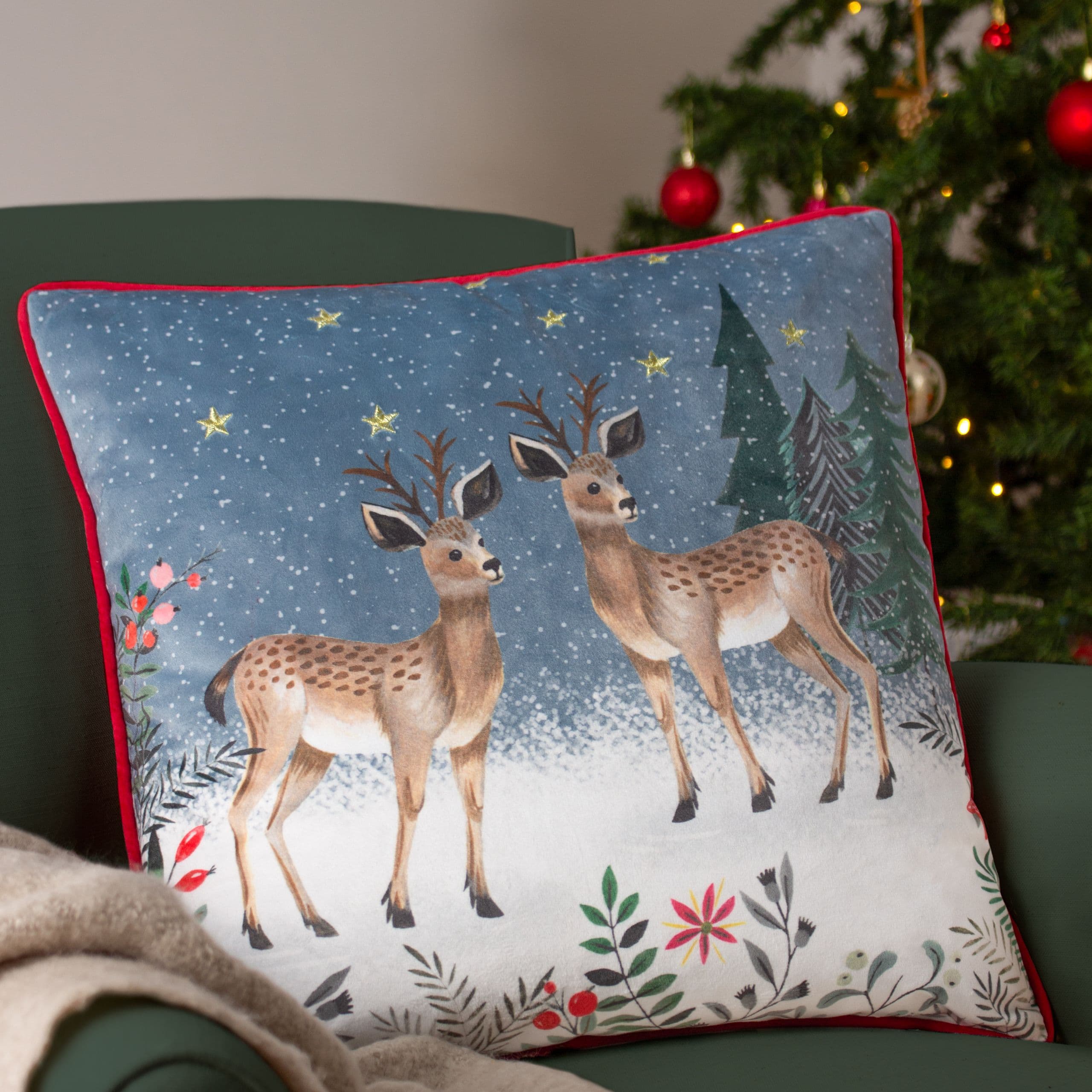 Ditsy Festive Reindeer Velvet Piped Cushion