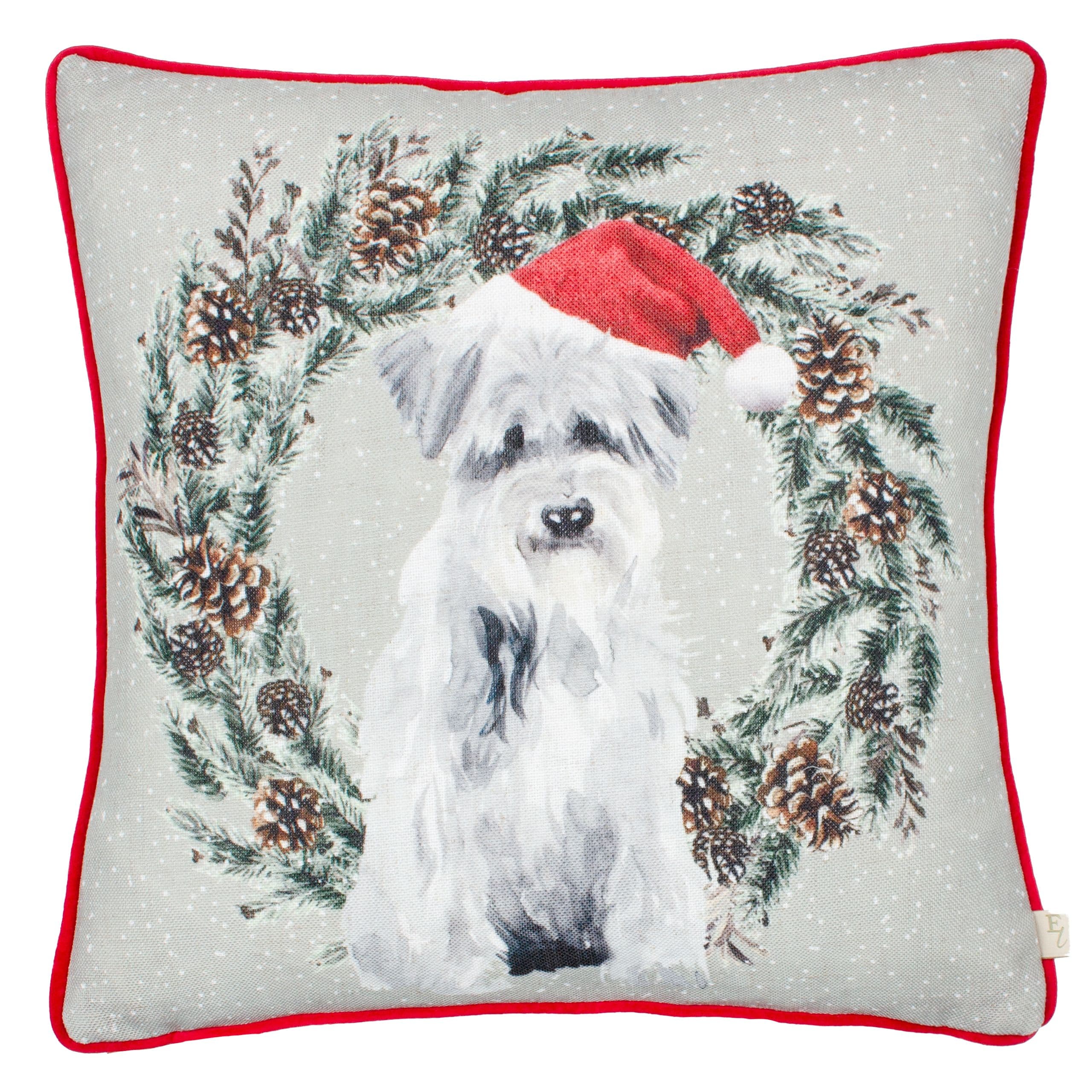 Christmas Dog Wreath Festive Piped Polyester Filled Cushion