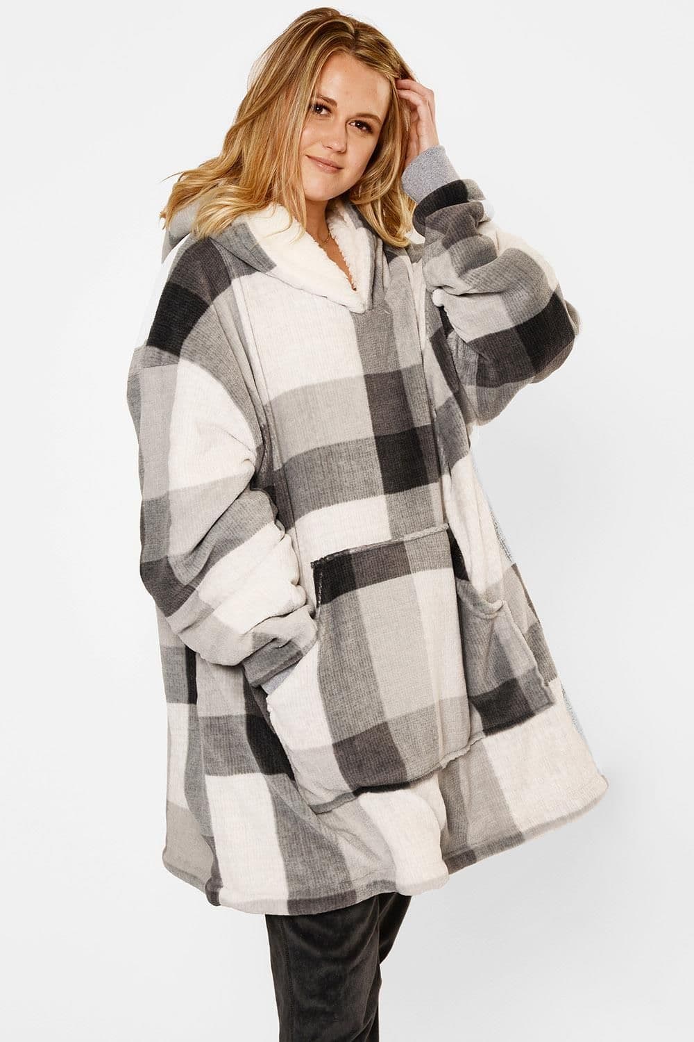 Check Oversized Sherpa Fleece Hoodie Blanket