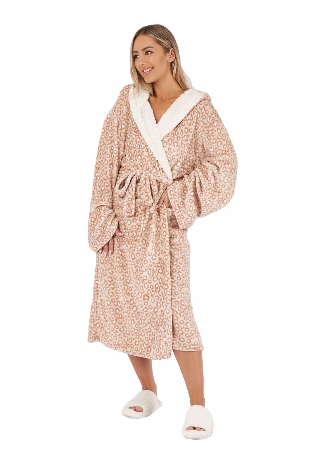 Leopard Print Sherpa Flannel Fleece Hooded Dressing Gown
