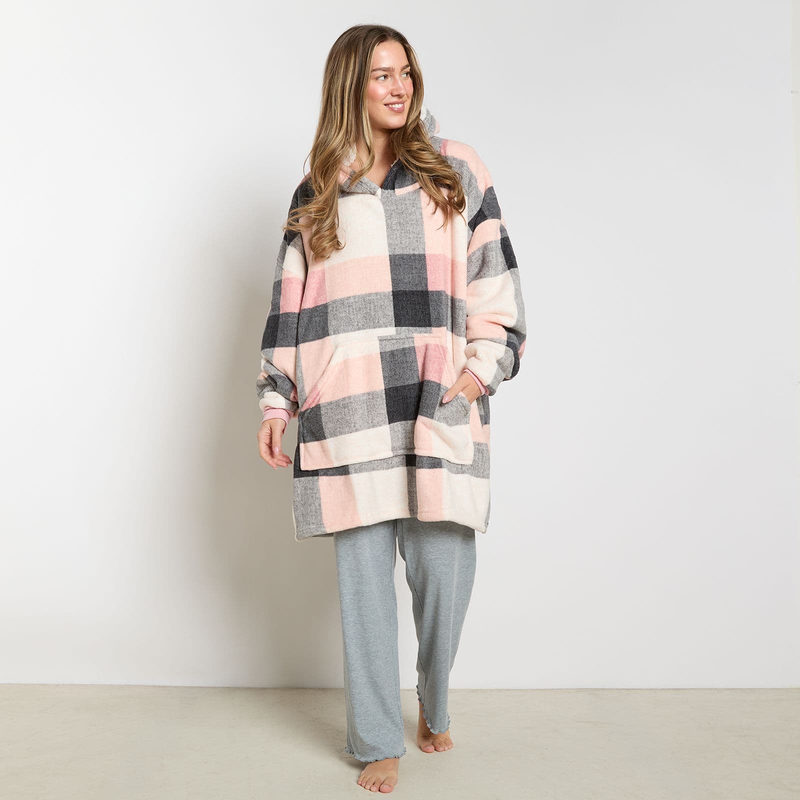 Check Oversized Sherpa Fleece Hoodie Blanket