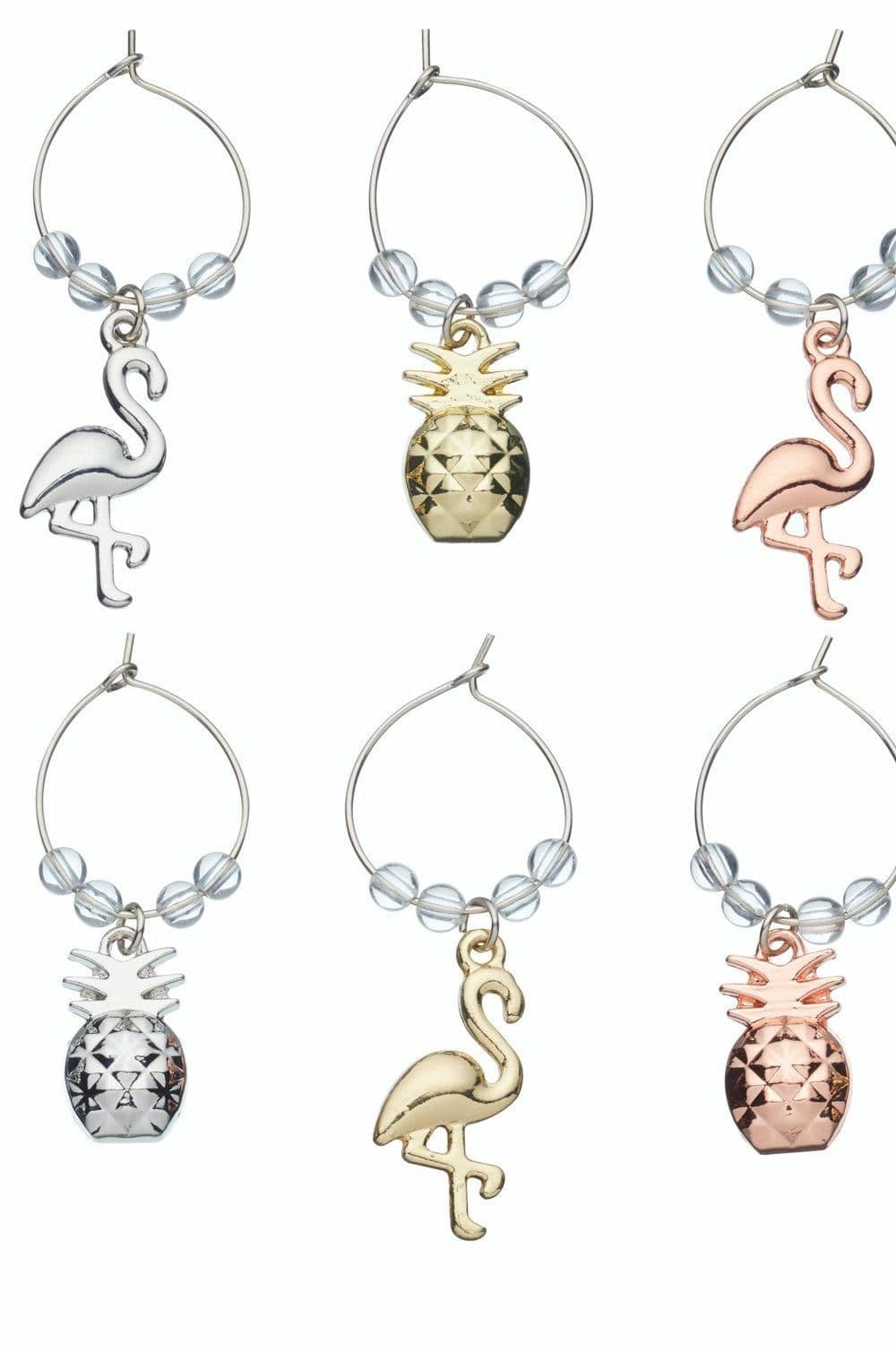 Tropical Wine Charms, Pineapple/Flamingo Design, Pack of Six, Boxed