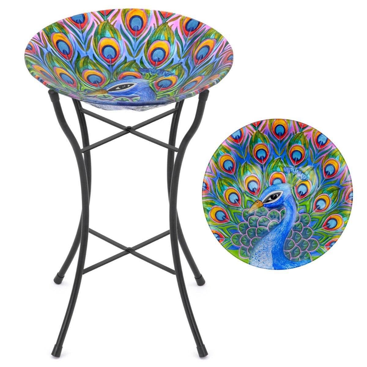 Glass Bird Bath Garden Outdoor Decoration Metal Stand Hand Painted