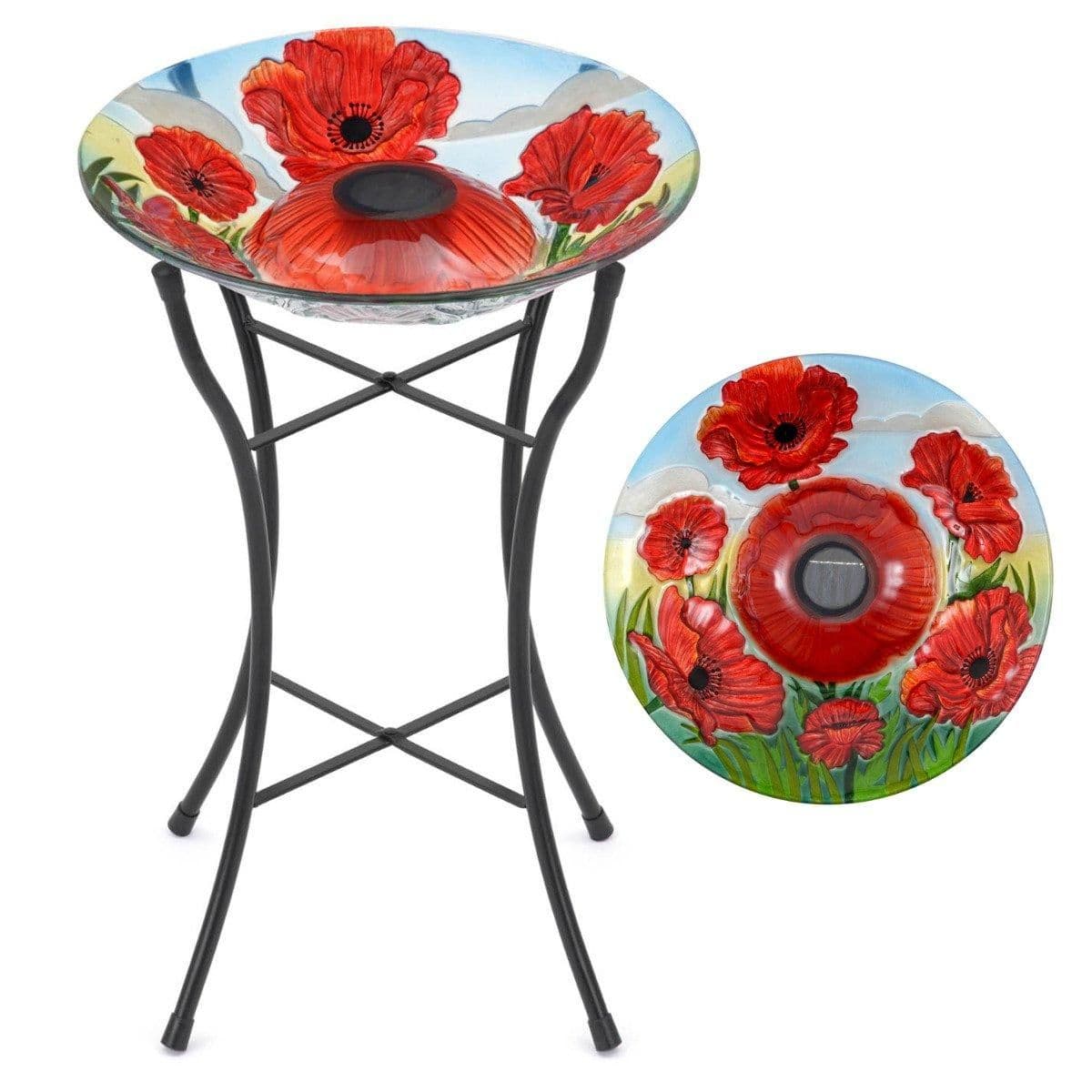 Glass Bird Bath Solar Powered LED Garden Outdoor Decoration Metal Stand
