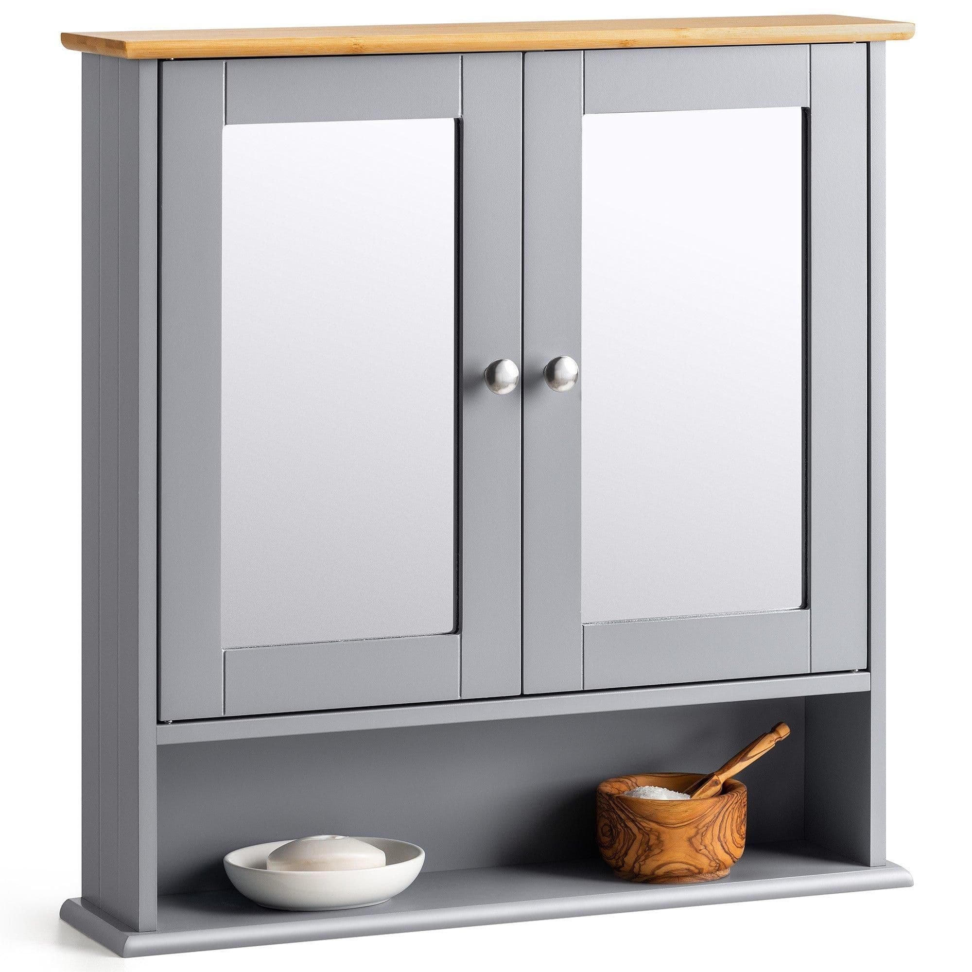 Bathroom Mirrored Cabinet Grey Wooden Double Wall Mounted Storage Unit