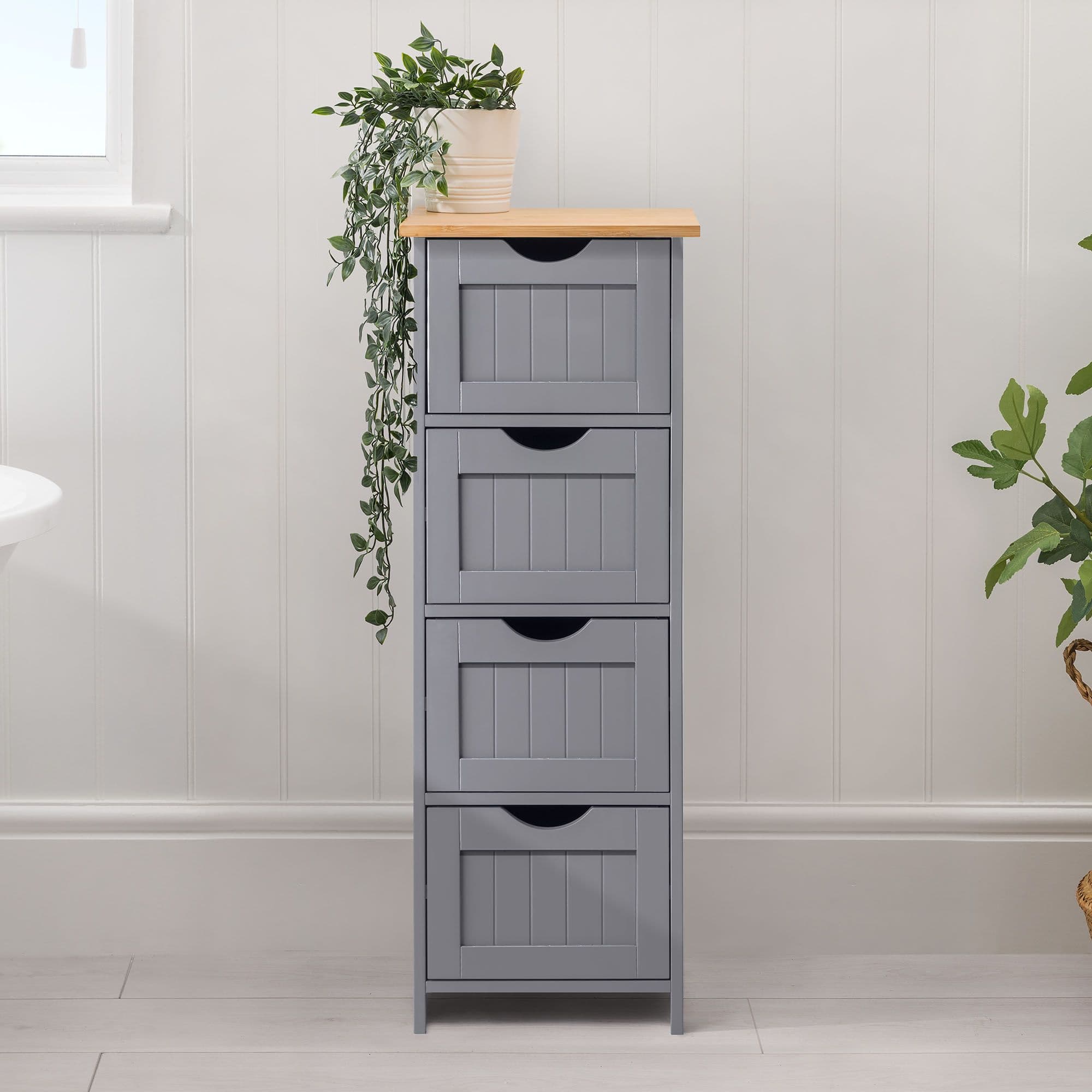 Bathroom Drawer Unit Floor Storage Cabinet Bamboo Top 82cm