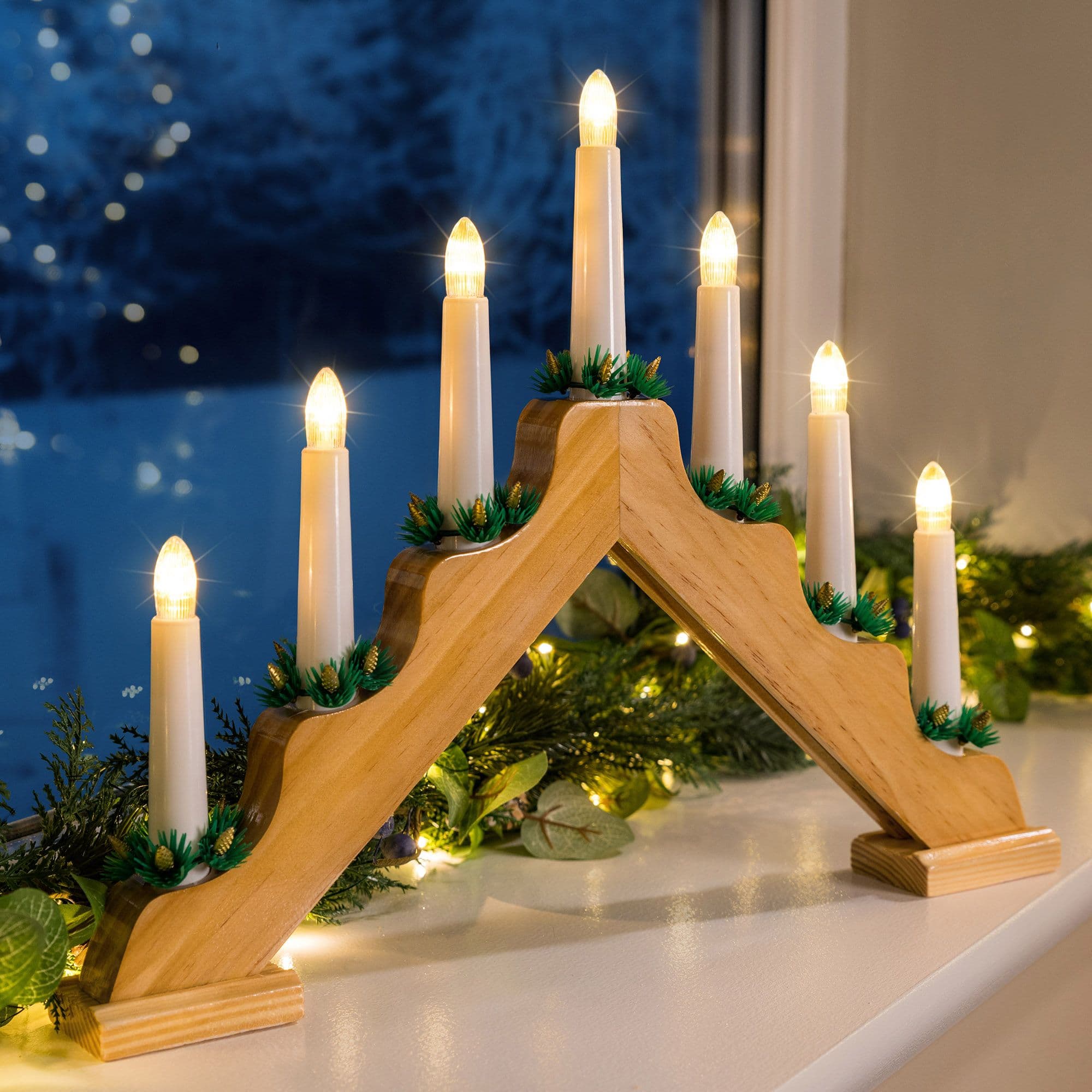 Candle Bridge Light Christmas Decoration Mains Operated Wooden Warm LED