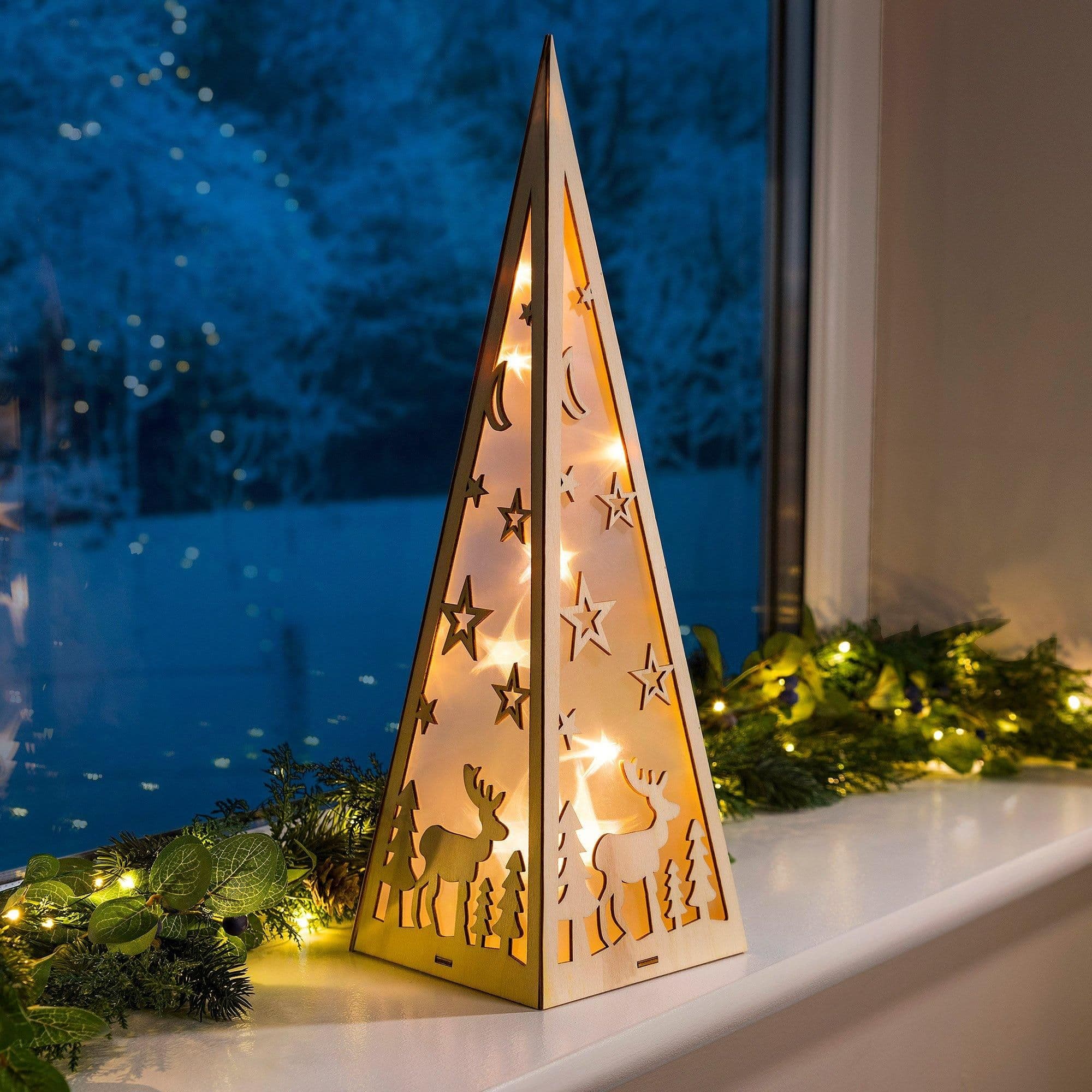 Christmas Pyramid Lantern Light Decoration LED Indoor Table Wooden 45cm