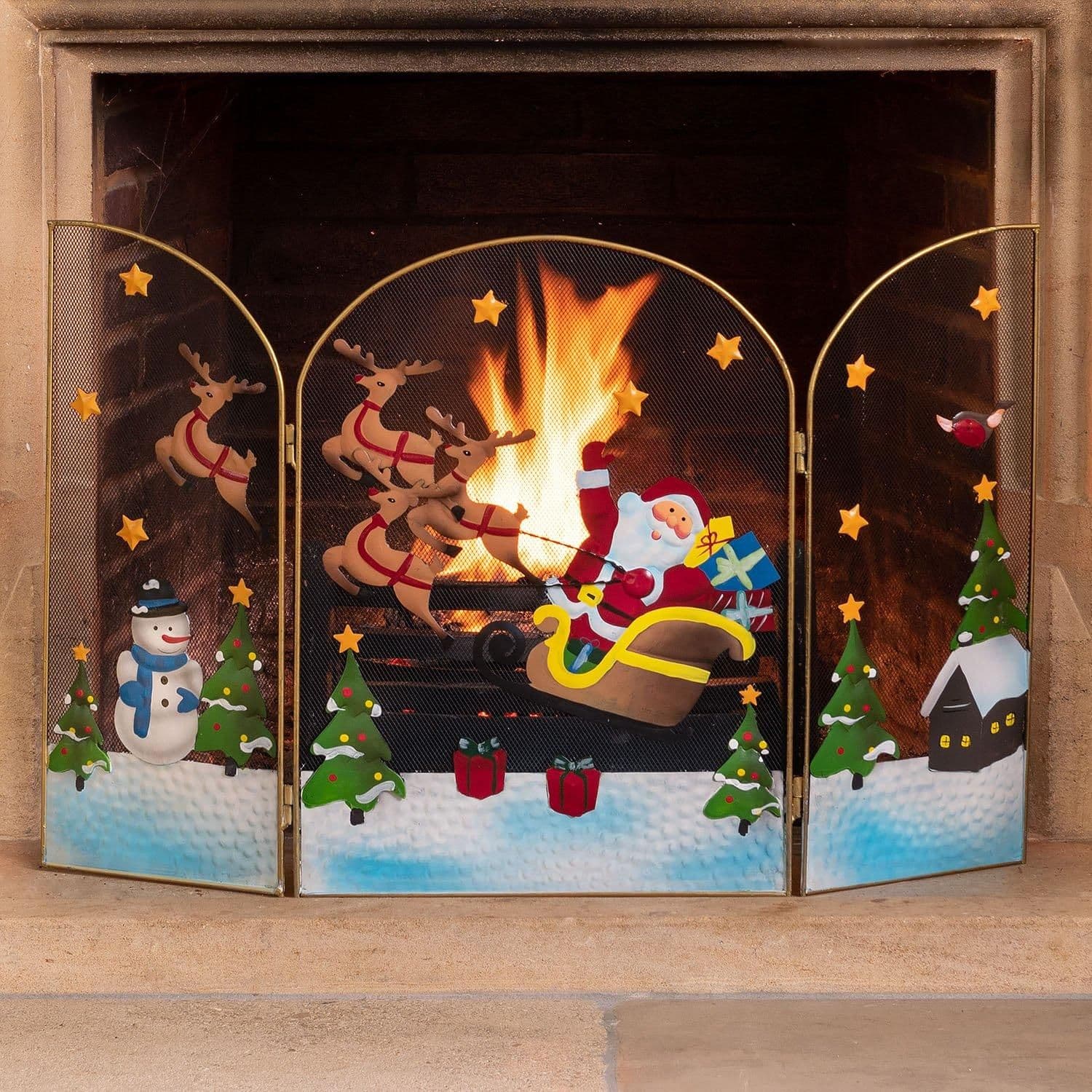 Christmas Fireguard 49cm Decoration Xmas Fireplace Screen Fire Guard 3 Panel Folding