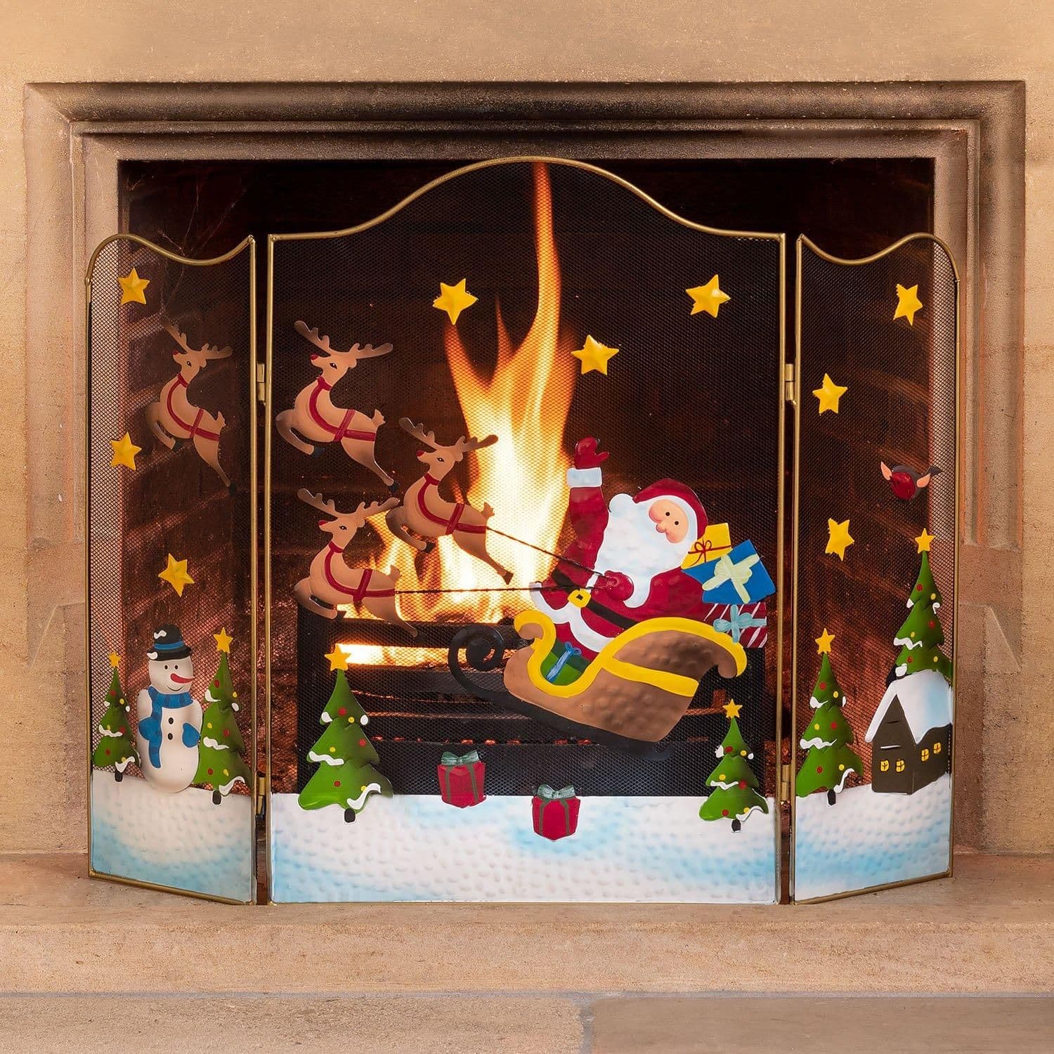 Christmas Fireguard 61cm Decoration Xmas Fireplace Screen Fire Guard 3 Panel Folding