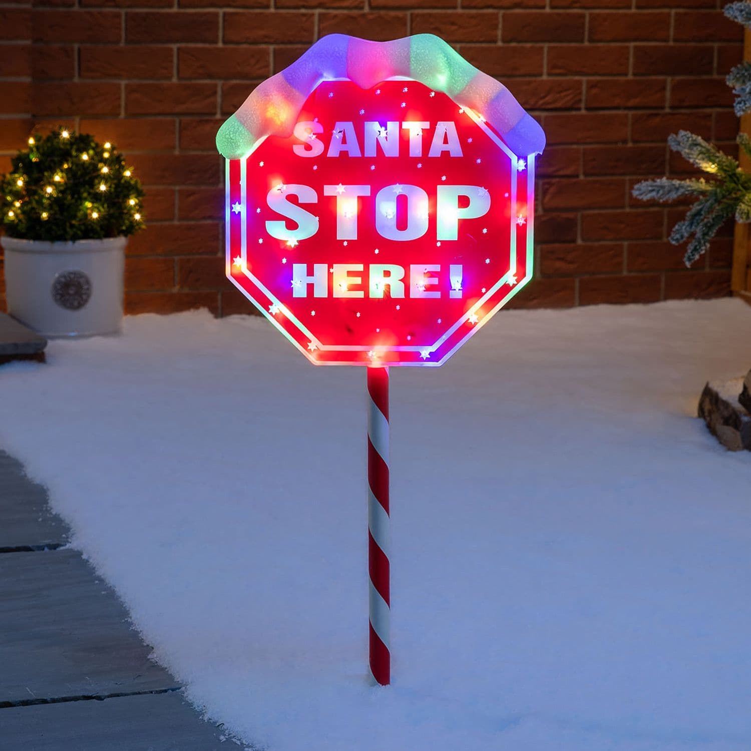 Santa Stop Here Sign Light Up Outdoor Christmas Decoration LED Battery Operated