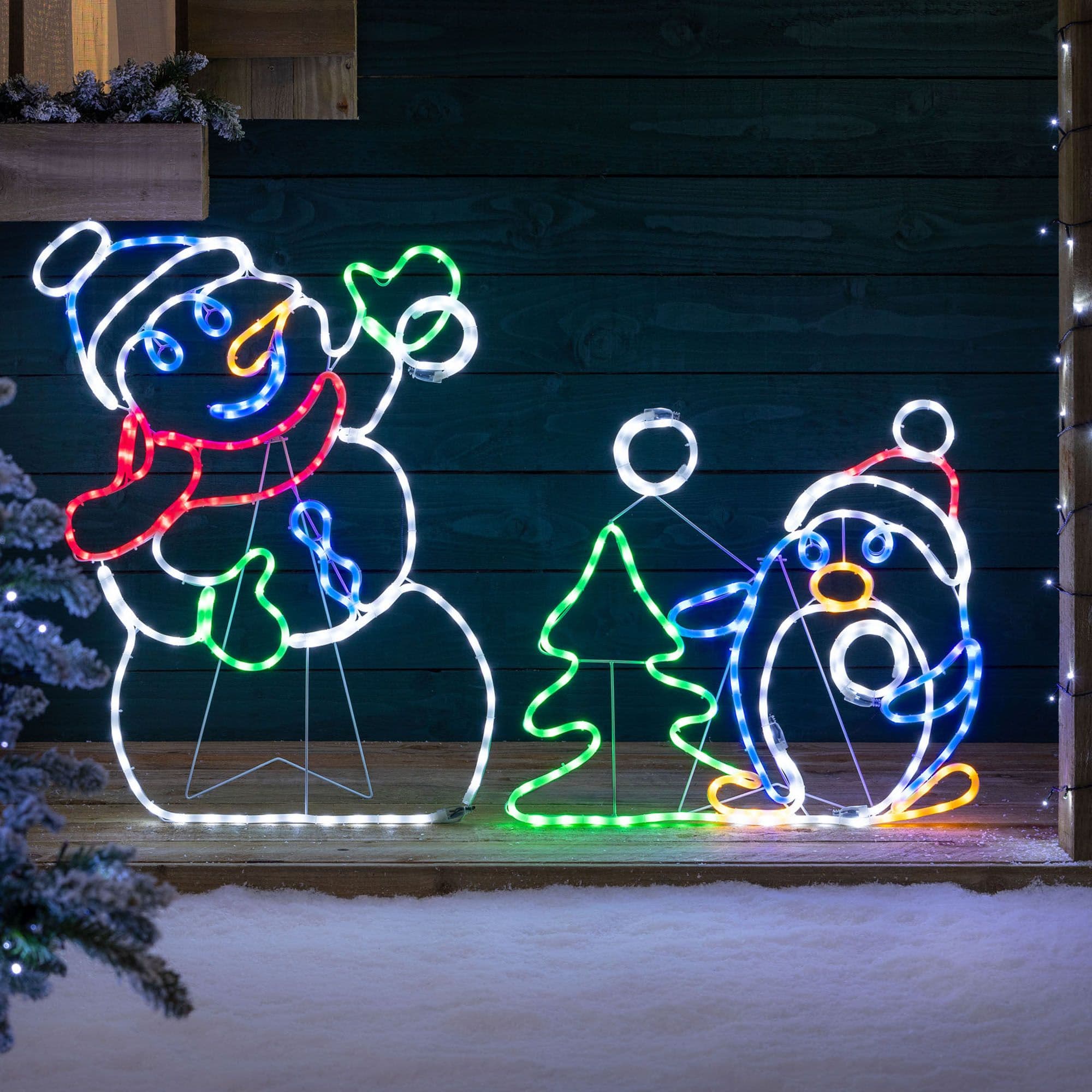 Snowman Penguin Christmas Light Animated LED Snow Fight Decoration 87cm x 135cm