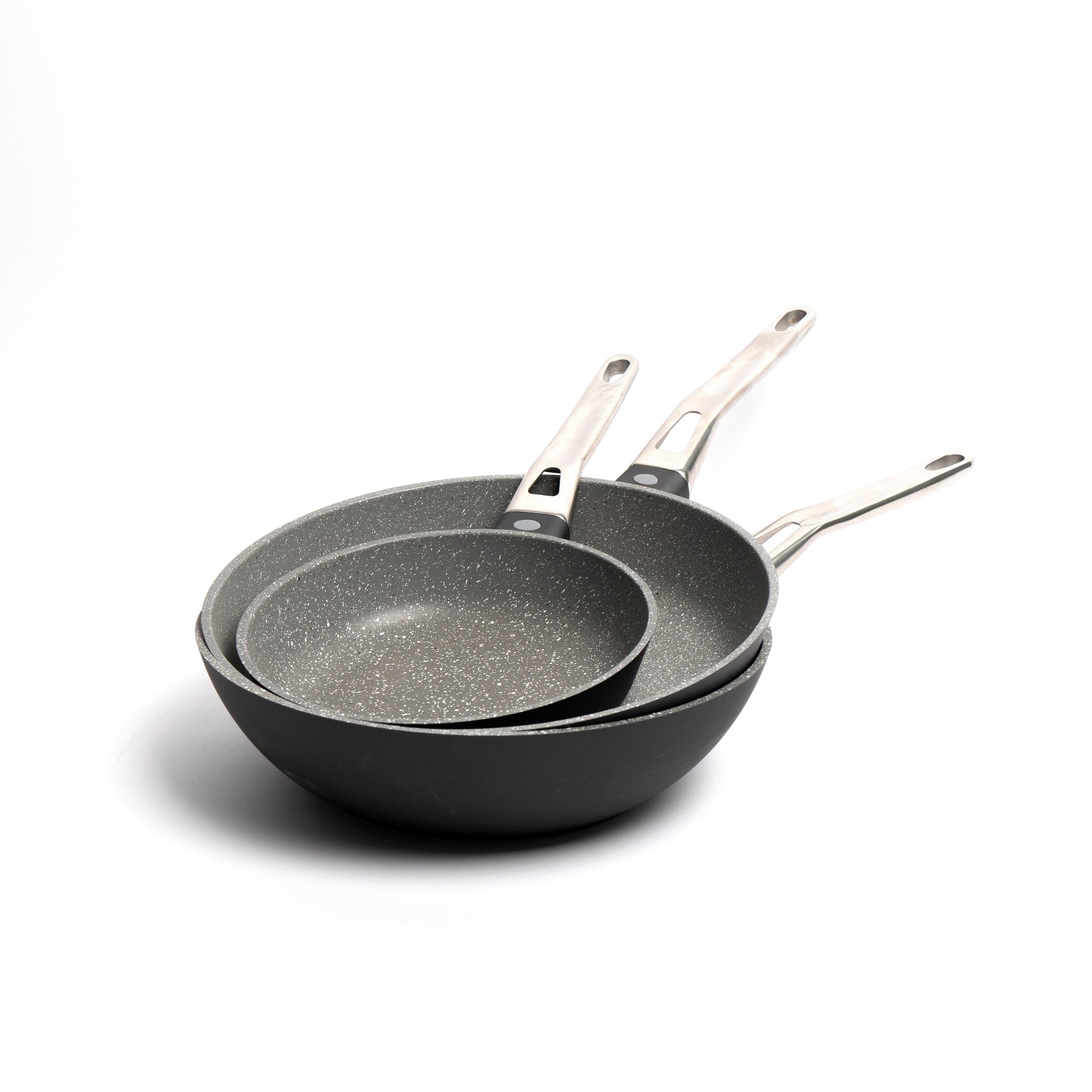 3pc Cookware Set 2x Non Stick Cast Aluminium Frying Pans 20cm & 28cm 28cm Wok Induction Safe