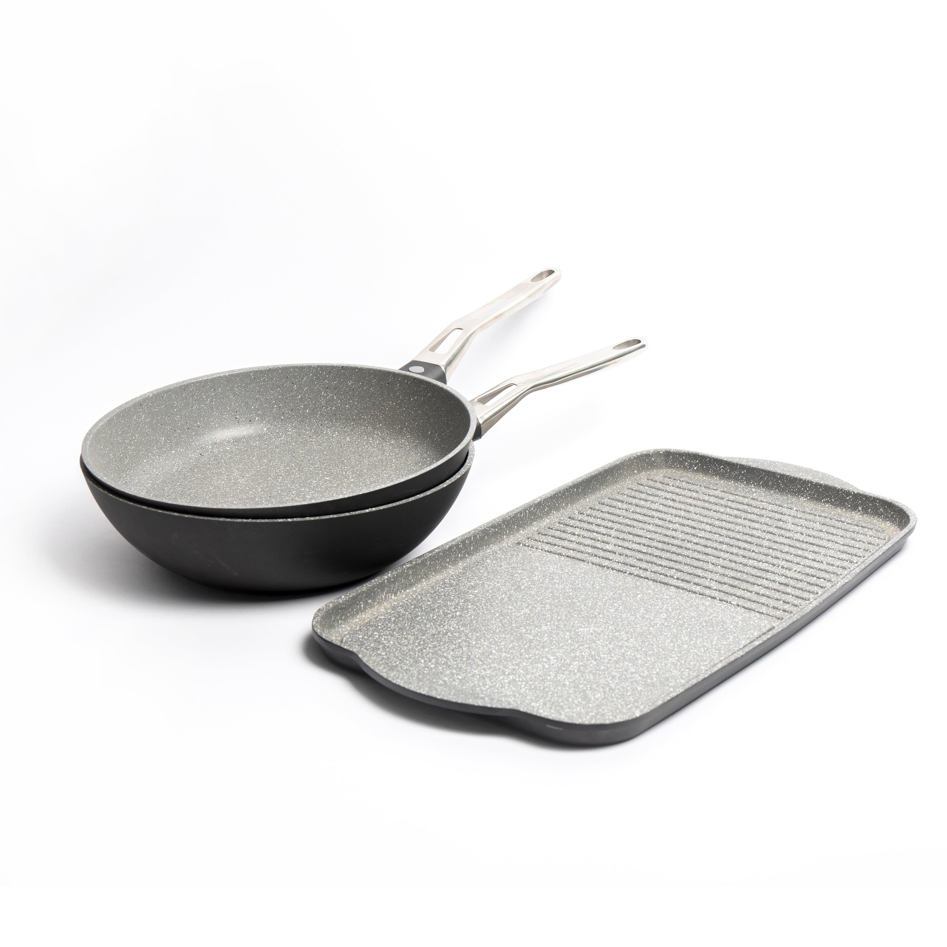 3pc Non Stick Cast Aluminium Cookware Set Wok 28cm Non Stick Frying Pan 28cm & Dual Griddle Tray 46cm