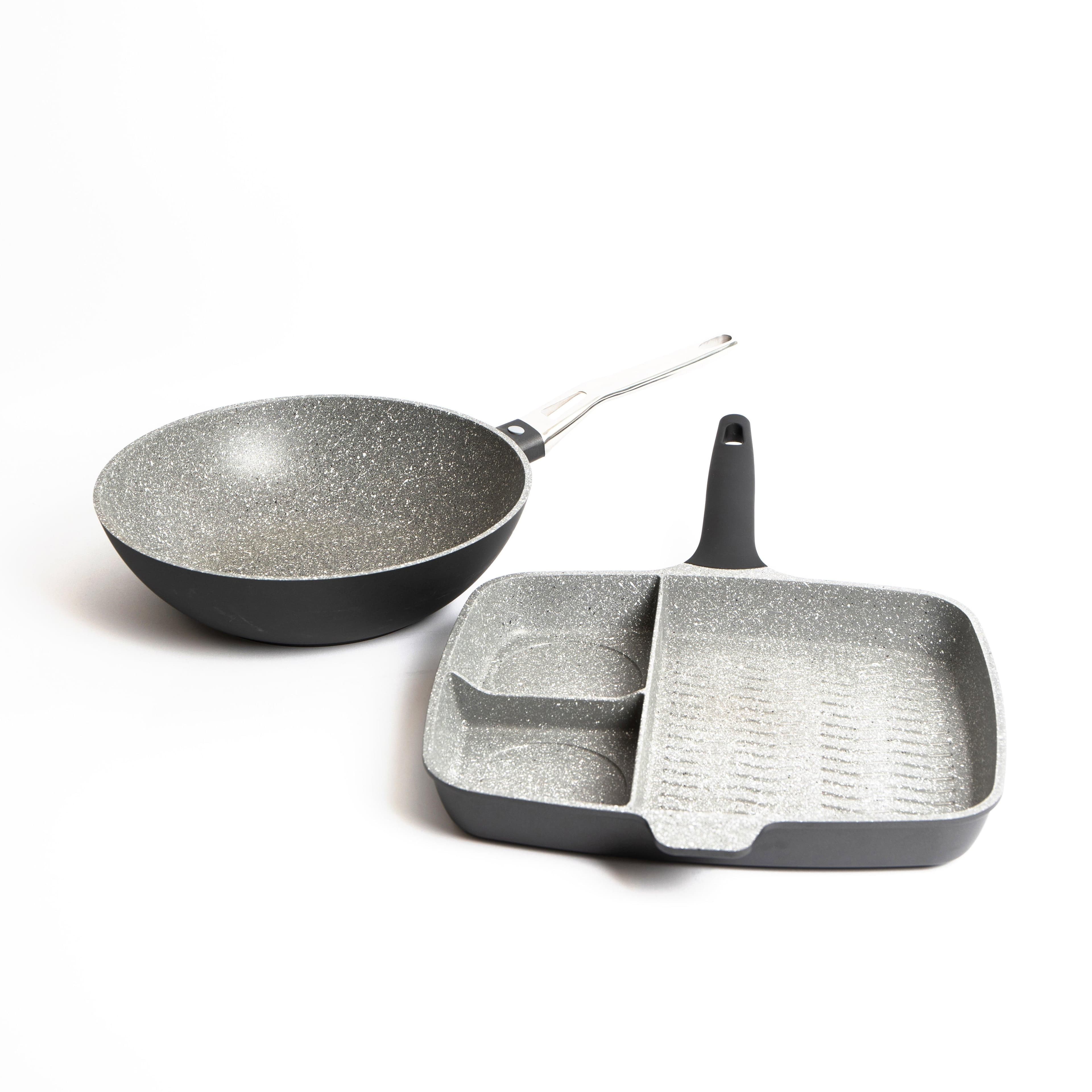 2pc Induction Safe & Non Stick Cast Aluminium Pan Set Three Section Grill Pan 32cm Wok 28cm