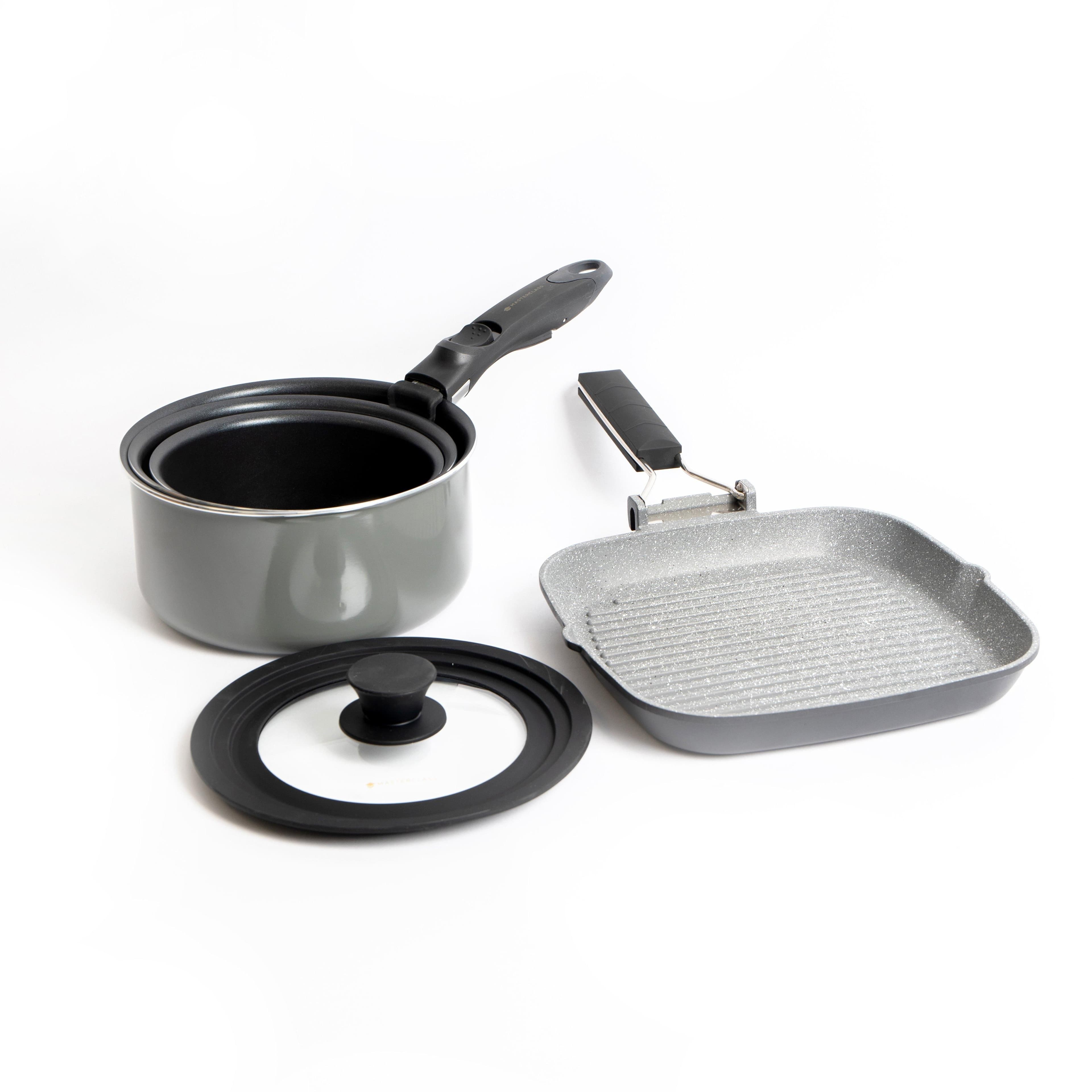 4pc Non Stick Cookware Set 24cm Cast Aluminium Grill Pan & 3x Smart Space Stacking Saucepans One Fits All Lid