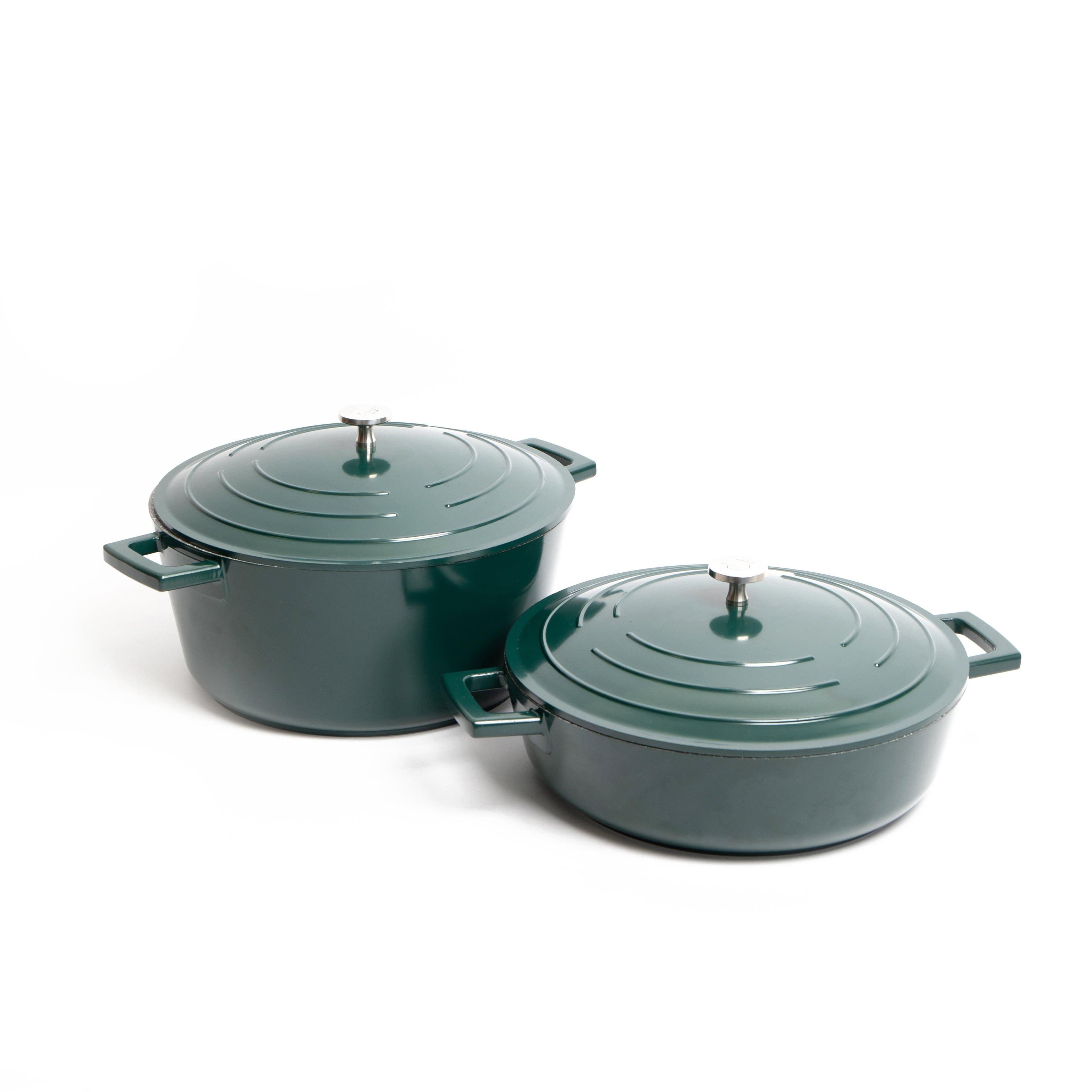 Set Gift Boxed Cast Aluminium Hunter Green Shallow Casserole Dish 28cm 4 Litre 28cm 5 Litre