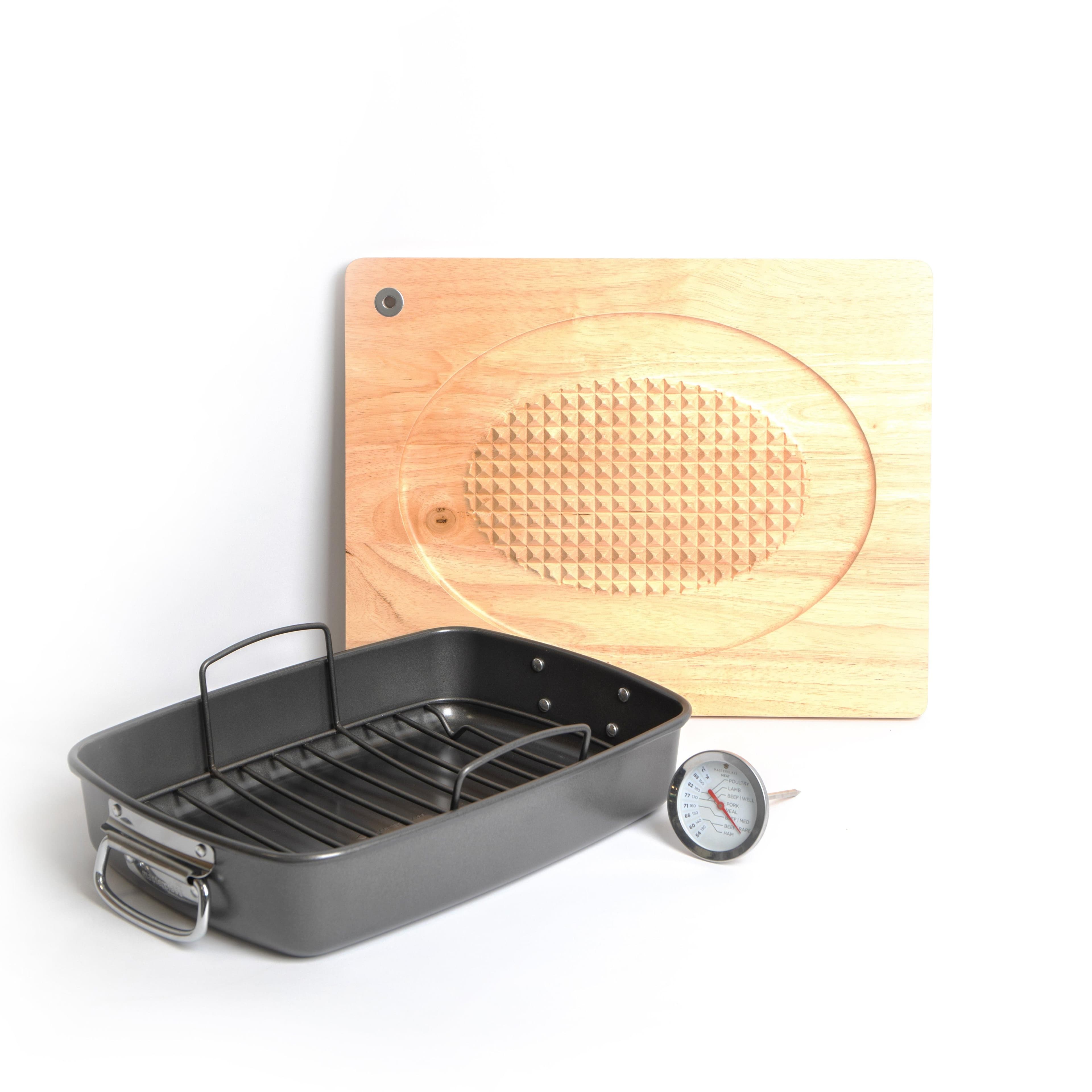 3pc Non Stick Roasting Set Large Roasting Tin & Rack Wooden Carving Board Wireless Stainless Steel Meat Thermometer