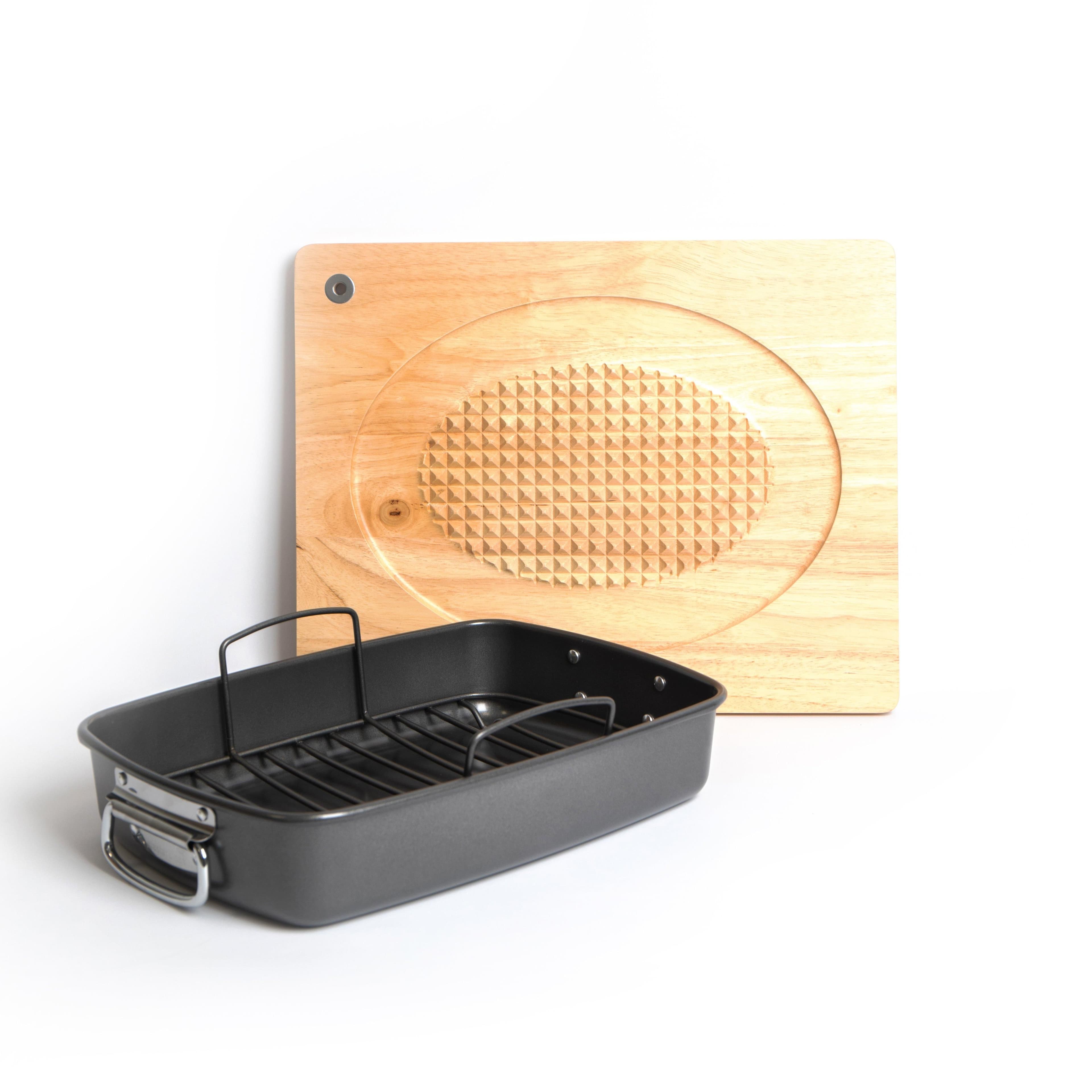 2pc Roasting Set Large Non Stick Roasting Tin & Rack Wooden Studded Carving Board