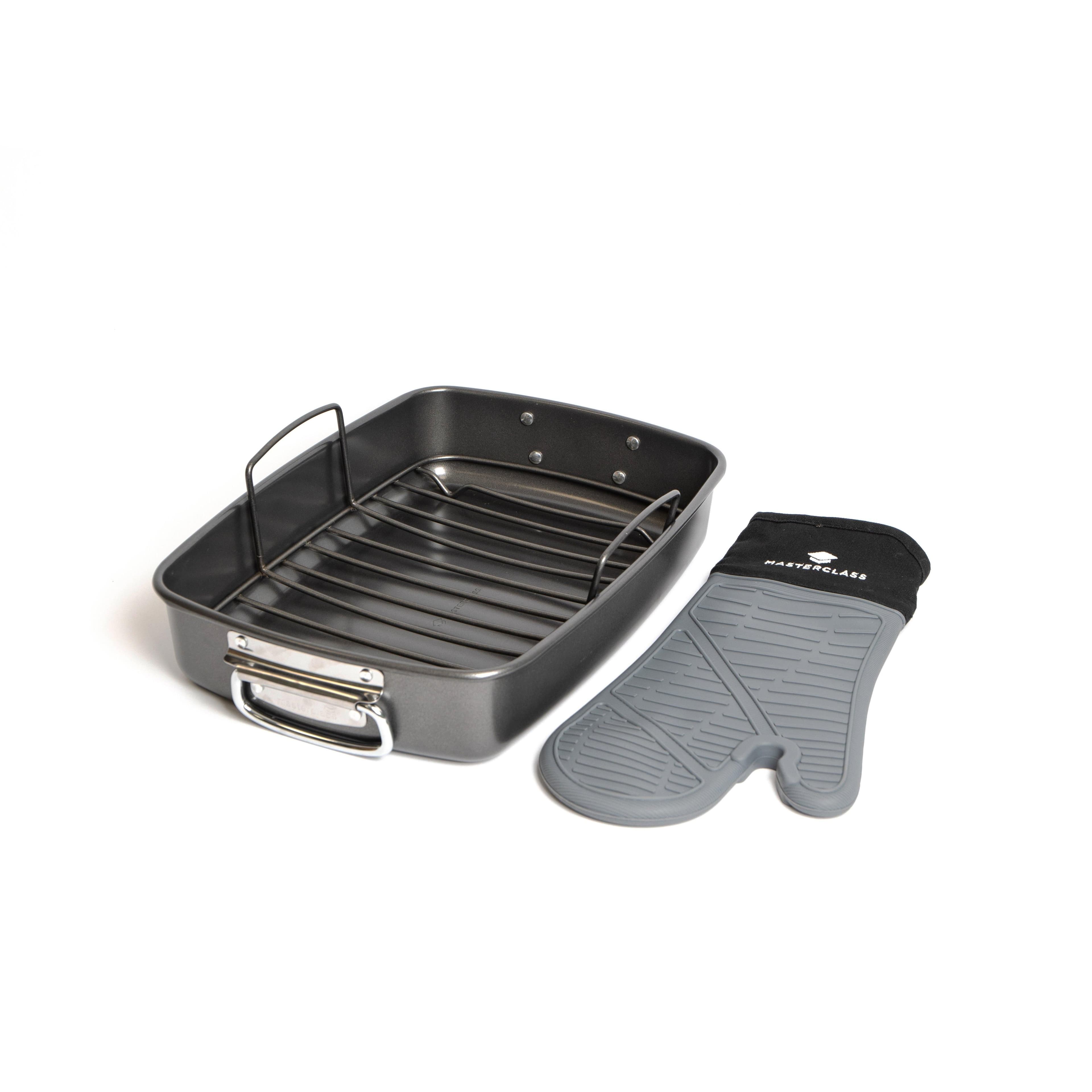 2pc Roasting Set Non Stick Large Roasting Tin Rack Silicone Single Oven Glove