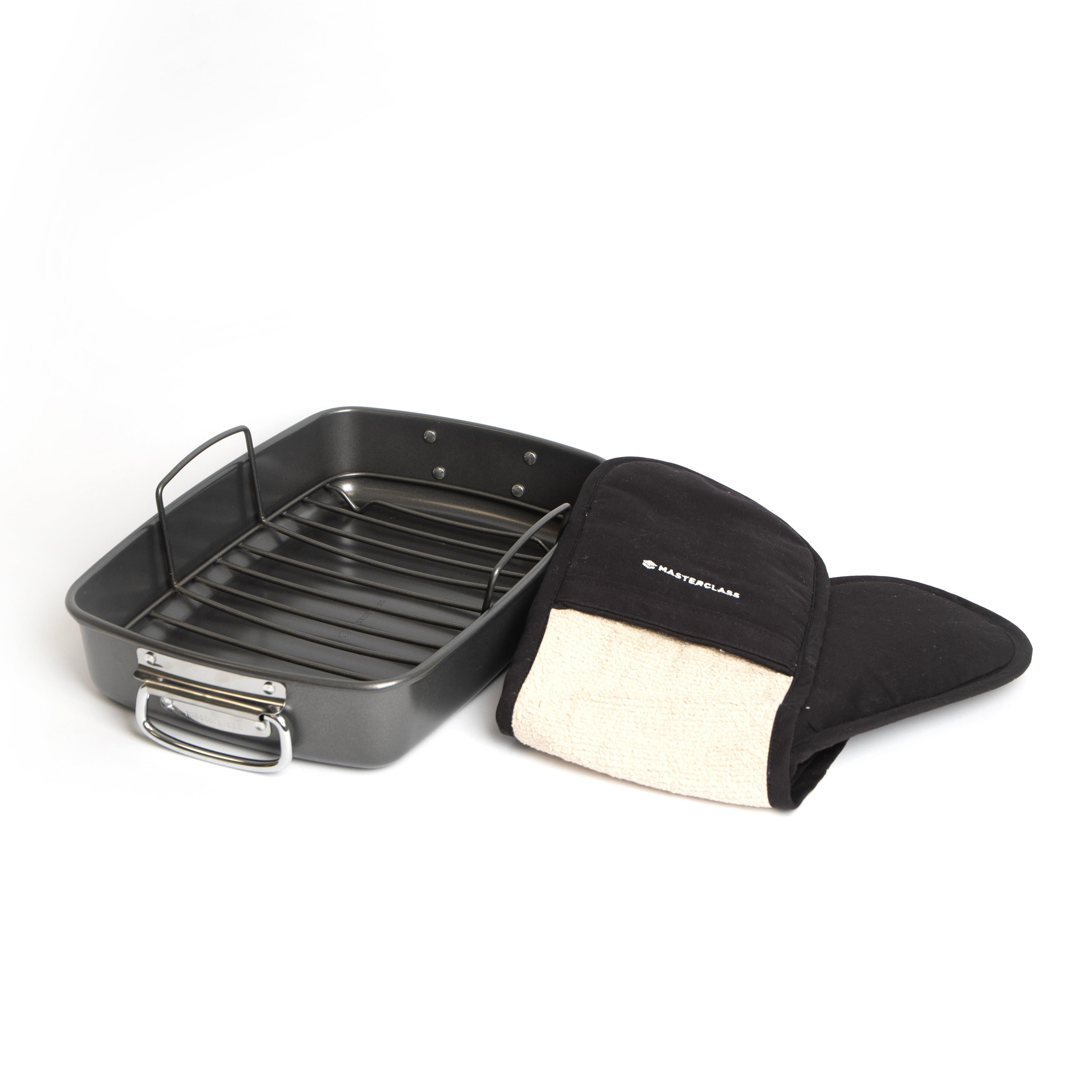 2pc Roasting Set Non Stick Large Roasting Tin & Rack Heavy Duty Double Oven Gloves