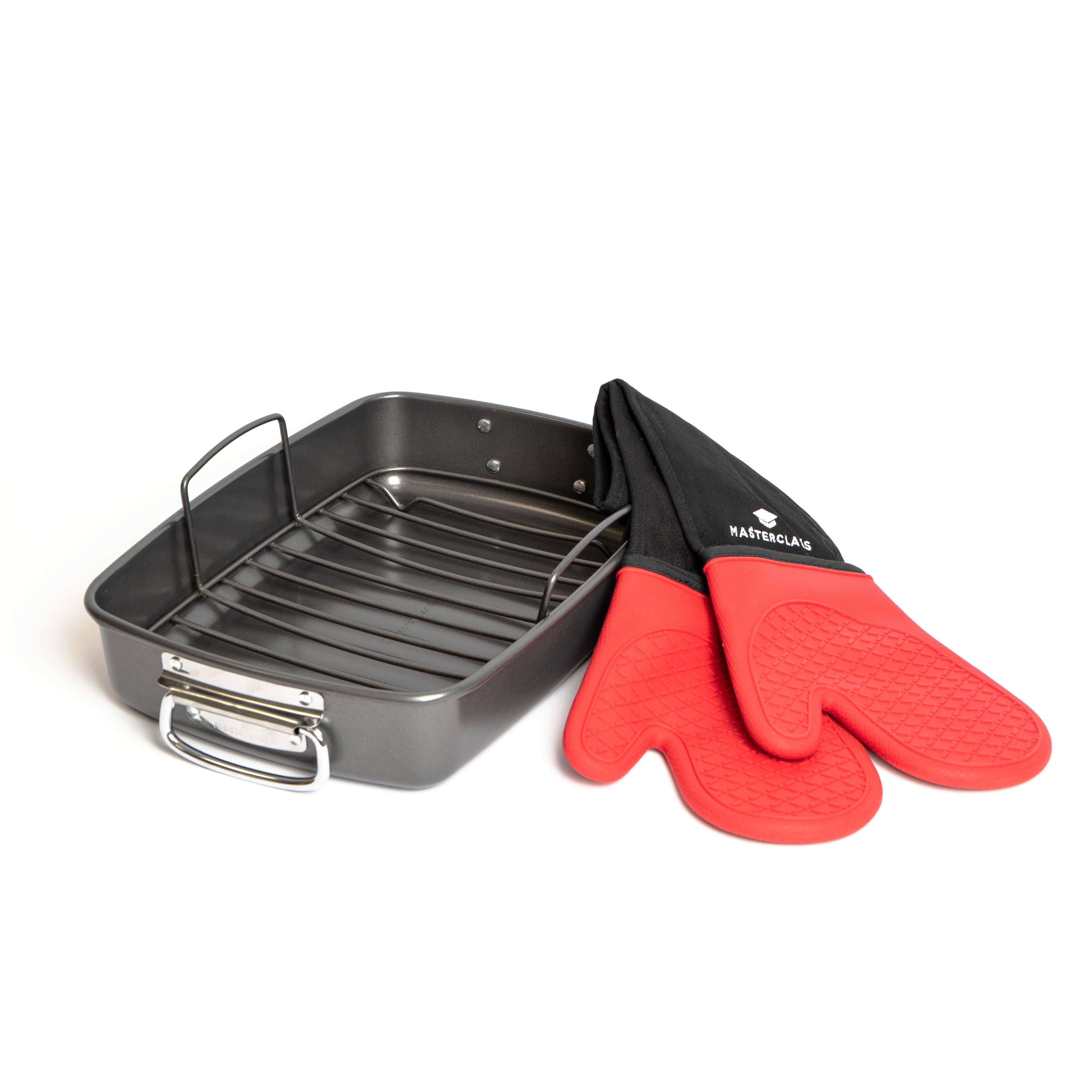 2pc Roasting Set Non Stick Large Roasting Tin & Rack Stain Resistant Silicone Double Oven Gloves