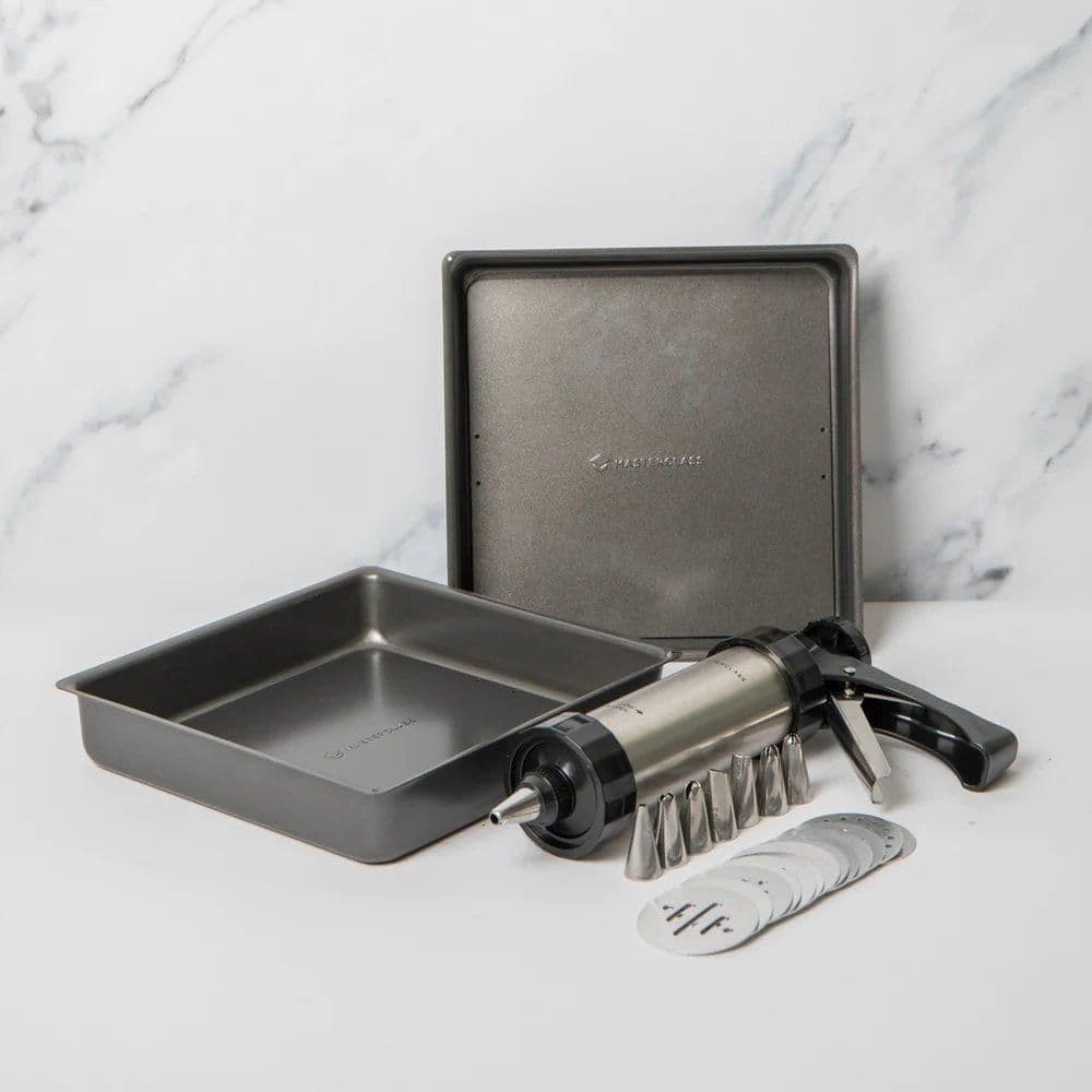 24pc Baking Set 2x Non Stick Loose Base 20cm Square Sandwich Pans Icing Gun 8x Stainless Steel Nozzles 13x Cutters