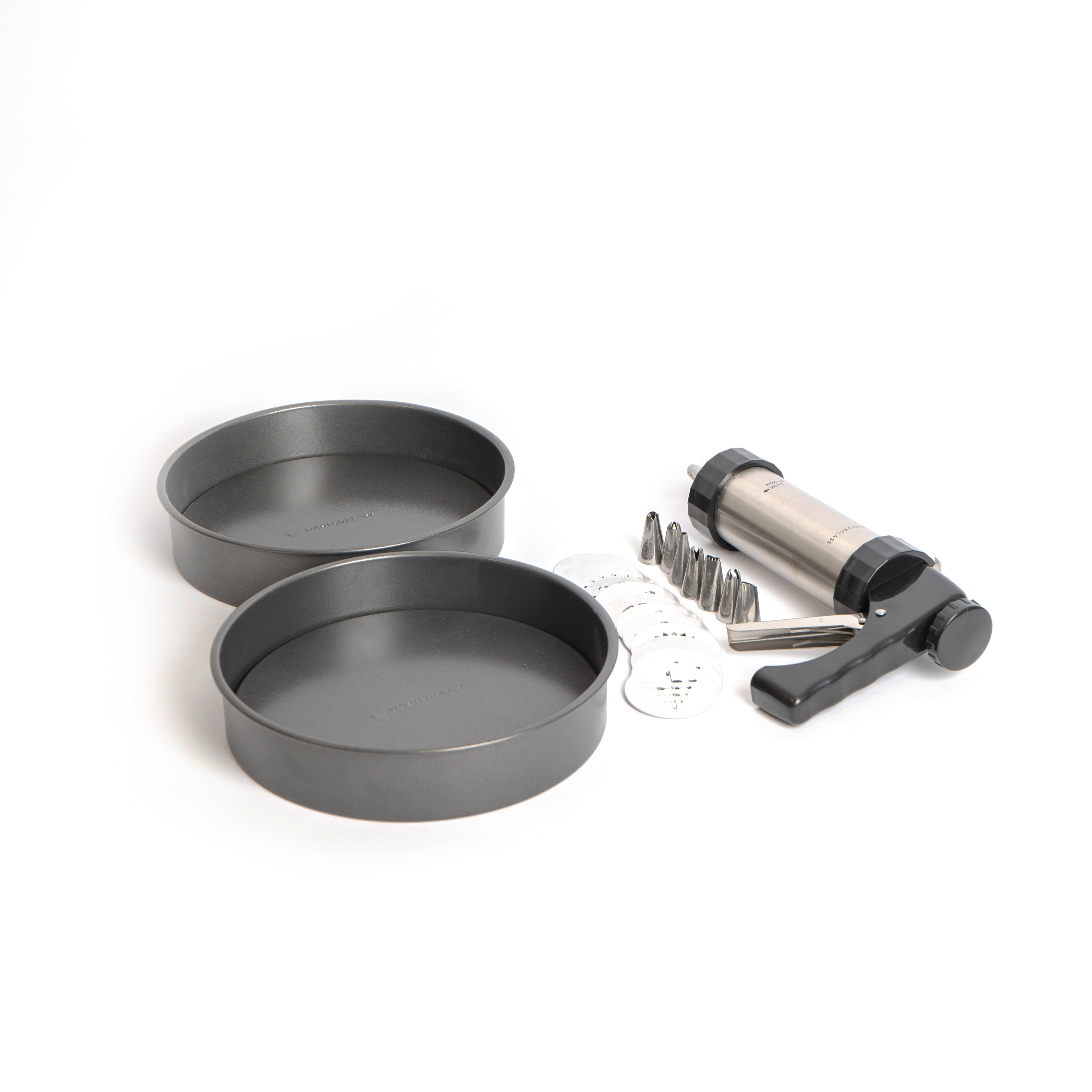 24pc Baking Set 2x Non Stick Loose Base 20cm Sandwich Pans Icing Gun 8x Stainless Steel Nozzles 13x Cutters