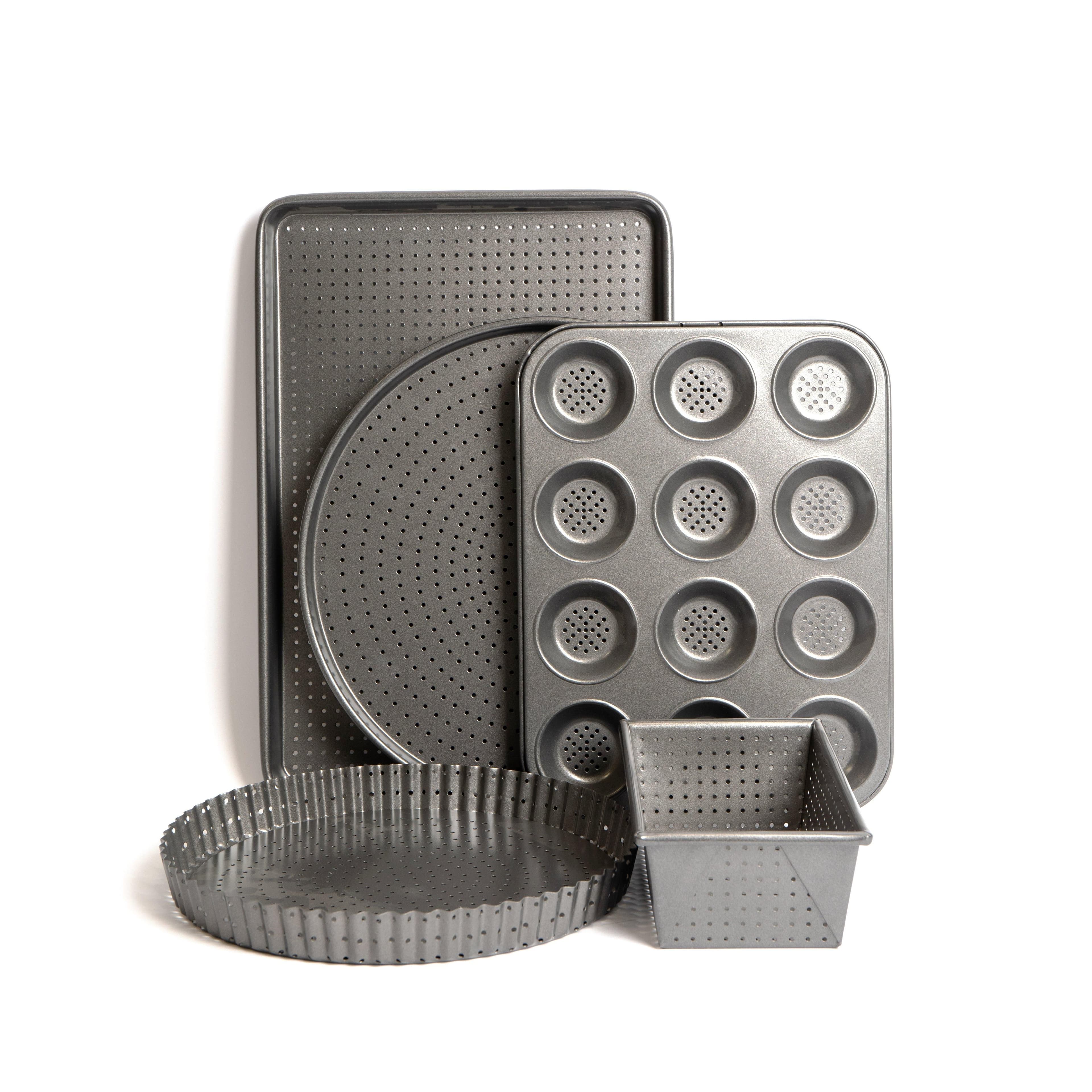 5pc Crusty Bake Non Stick Bakeware Set Quiche Tin Pizza Crisper Loaf Pan Baking Tray 12 Hole Pan