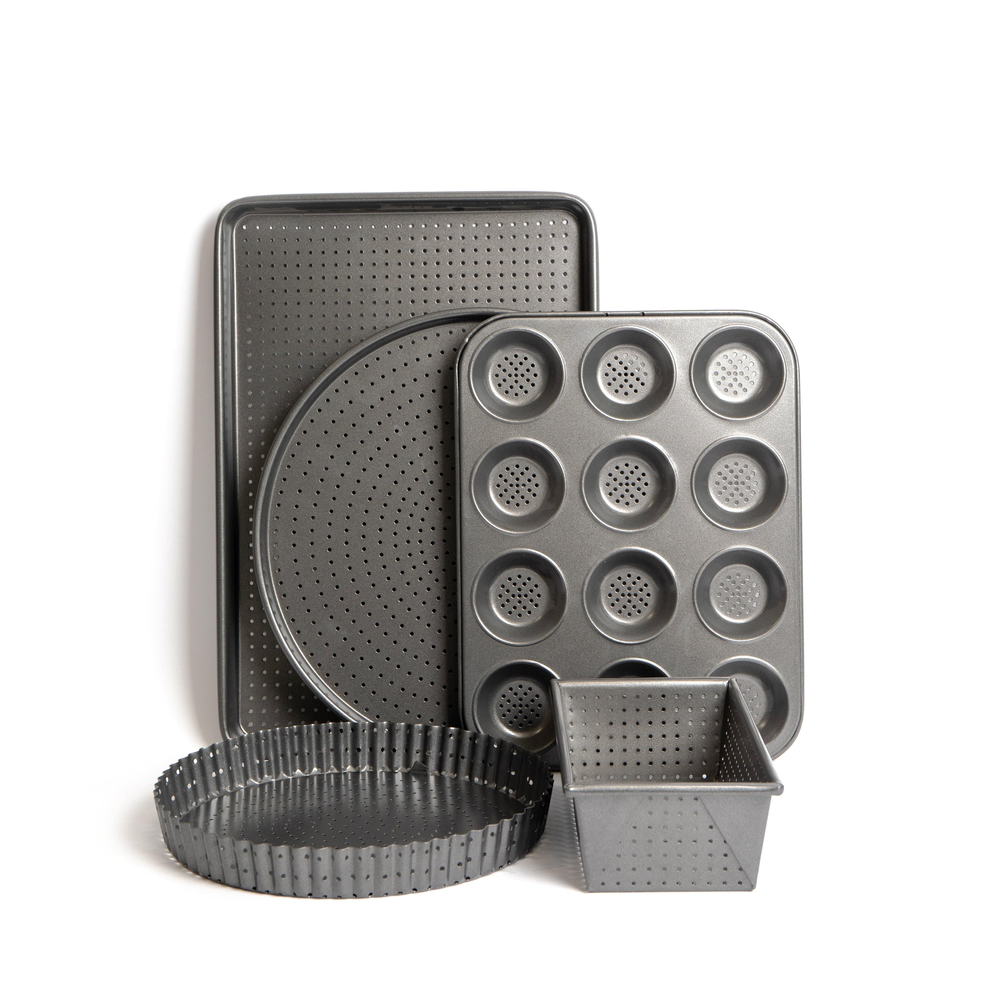 5pc Crusty Bake Non Stick Bakeware Set 25cm Quiche Tin 32cm Pizza Crisper 12 Hole Yorkshire Pudding Tray Loaf Pan 32cm Baking Tray