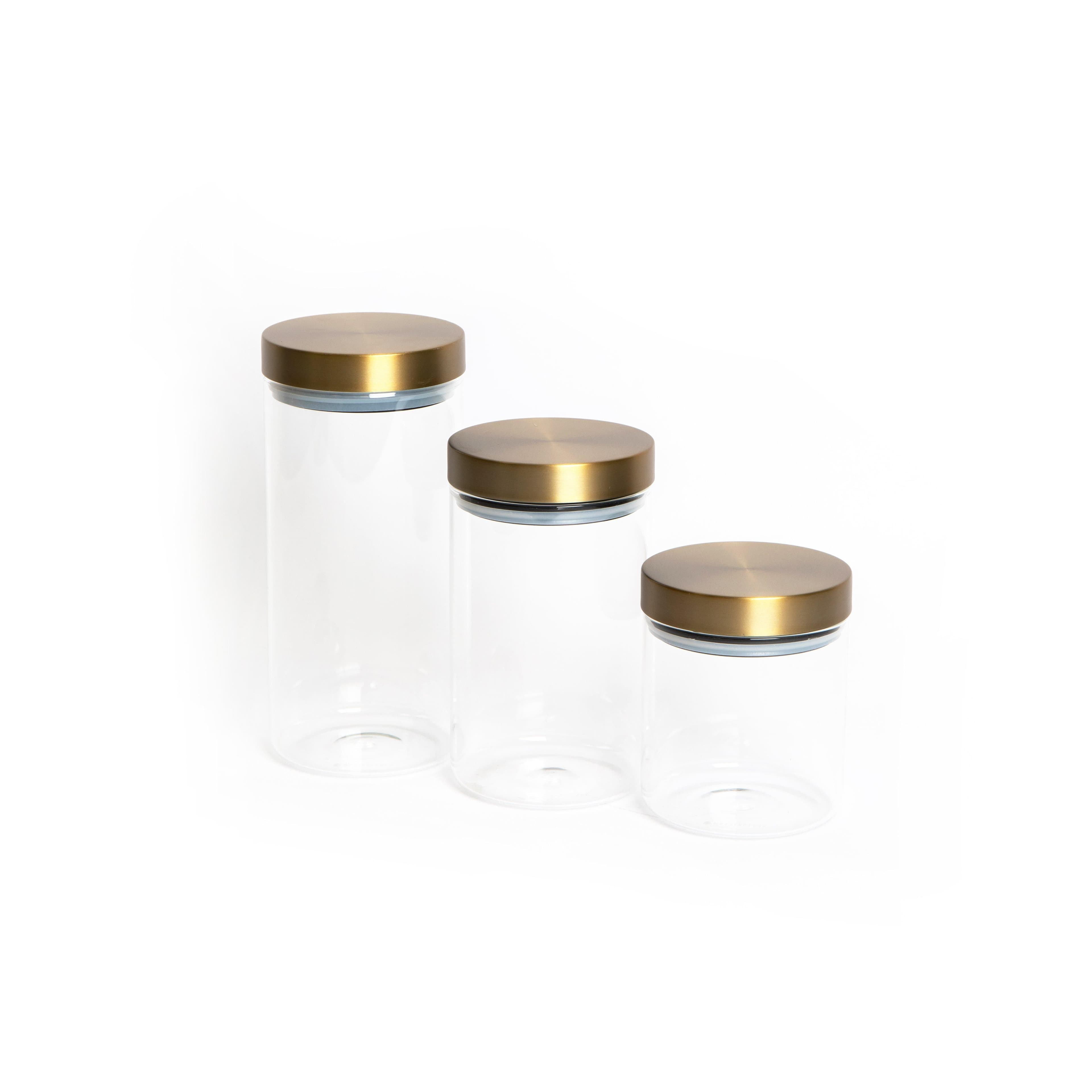 3pc Glass Storage Jar Set Burnished Brass Lids includes Small Medium Large Storage Jars