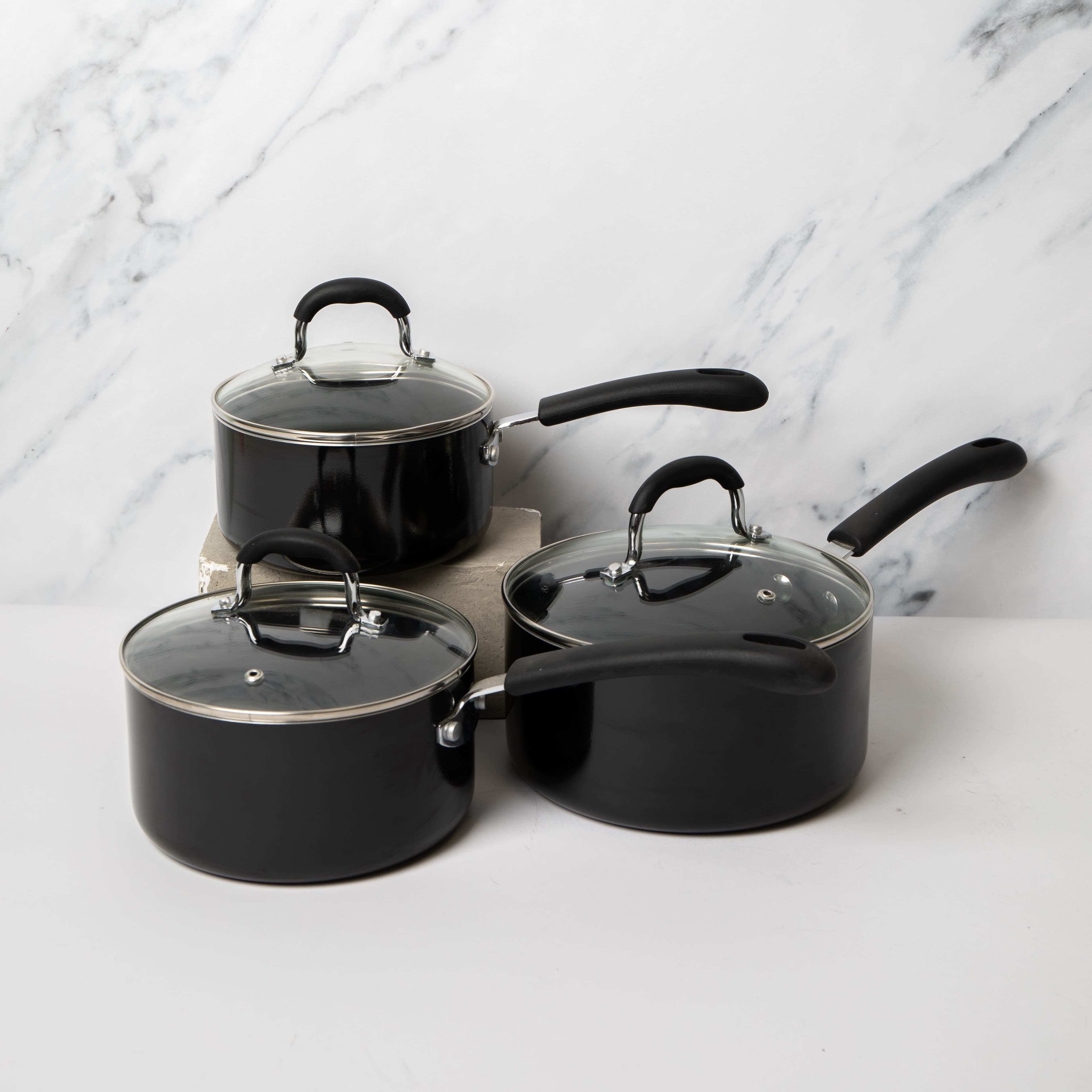 3pc Non Stick Aluminium Saucepan Set Lids 16cm 18cm 20cm