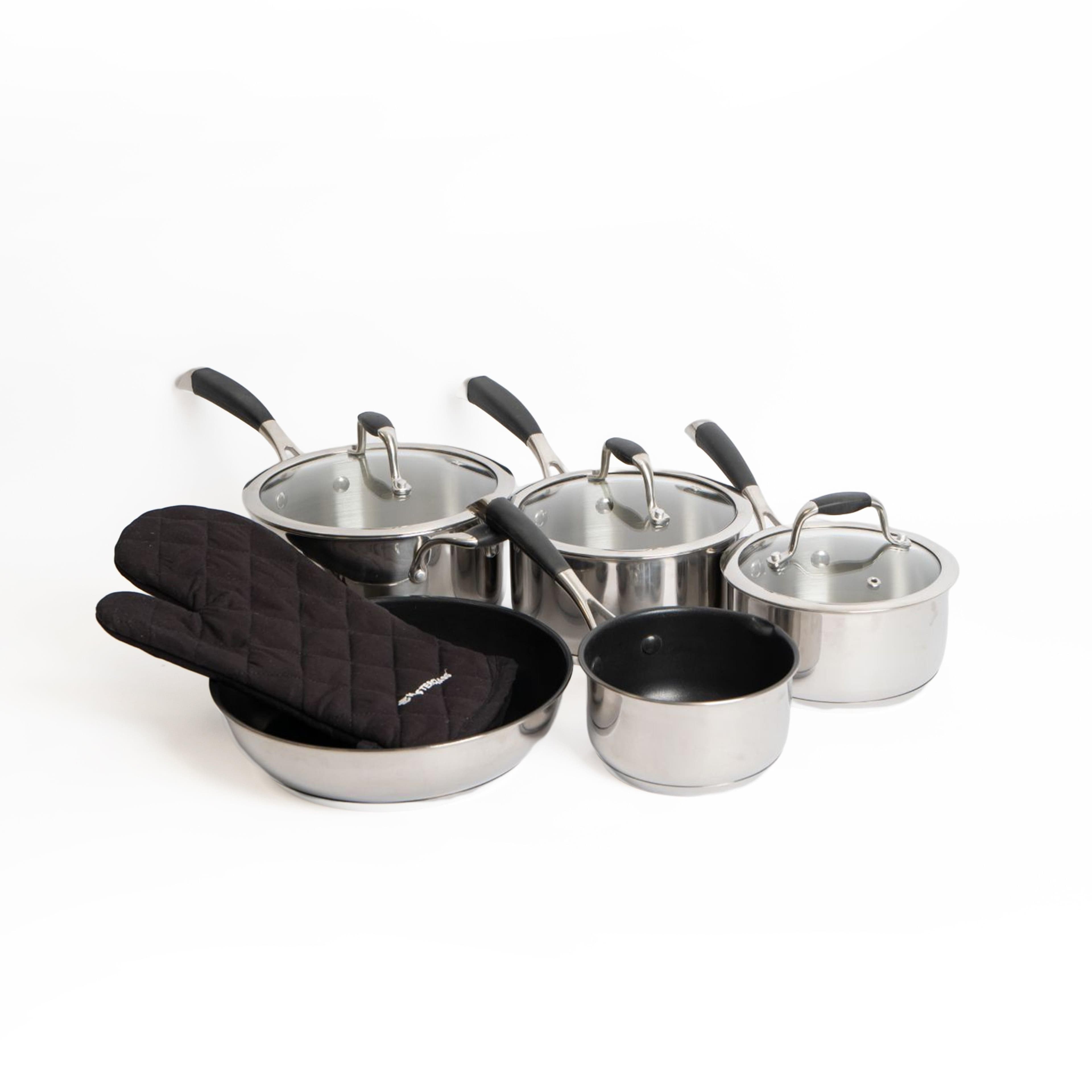 6pc Deluxe Cookware Set 3x Saucepans Glass Lids x 1x Sauté Pan 1x Milk Pan 1x Quilted Single Oven Glove