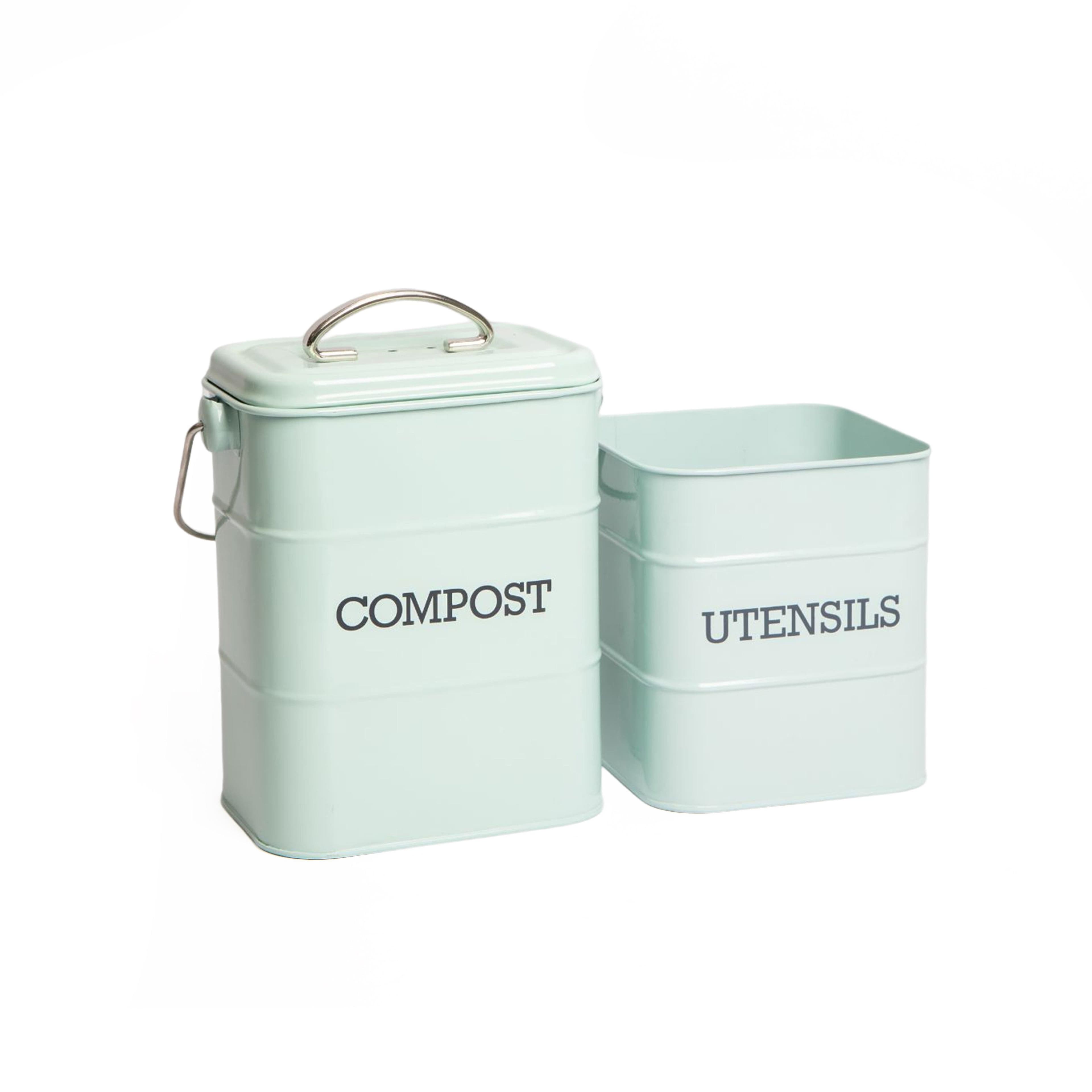 2pc Vintage Stainless Steel Kitchen Storage Set including Compost Bin Utensil Pot