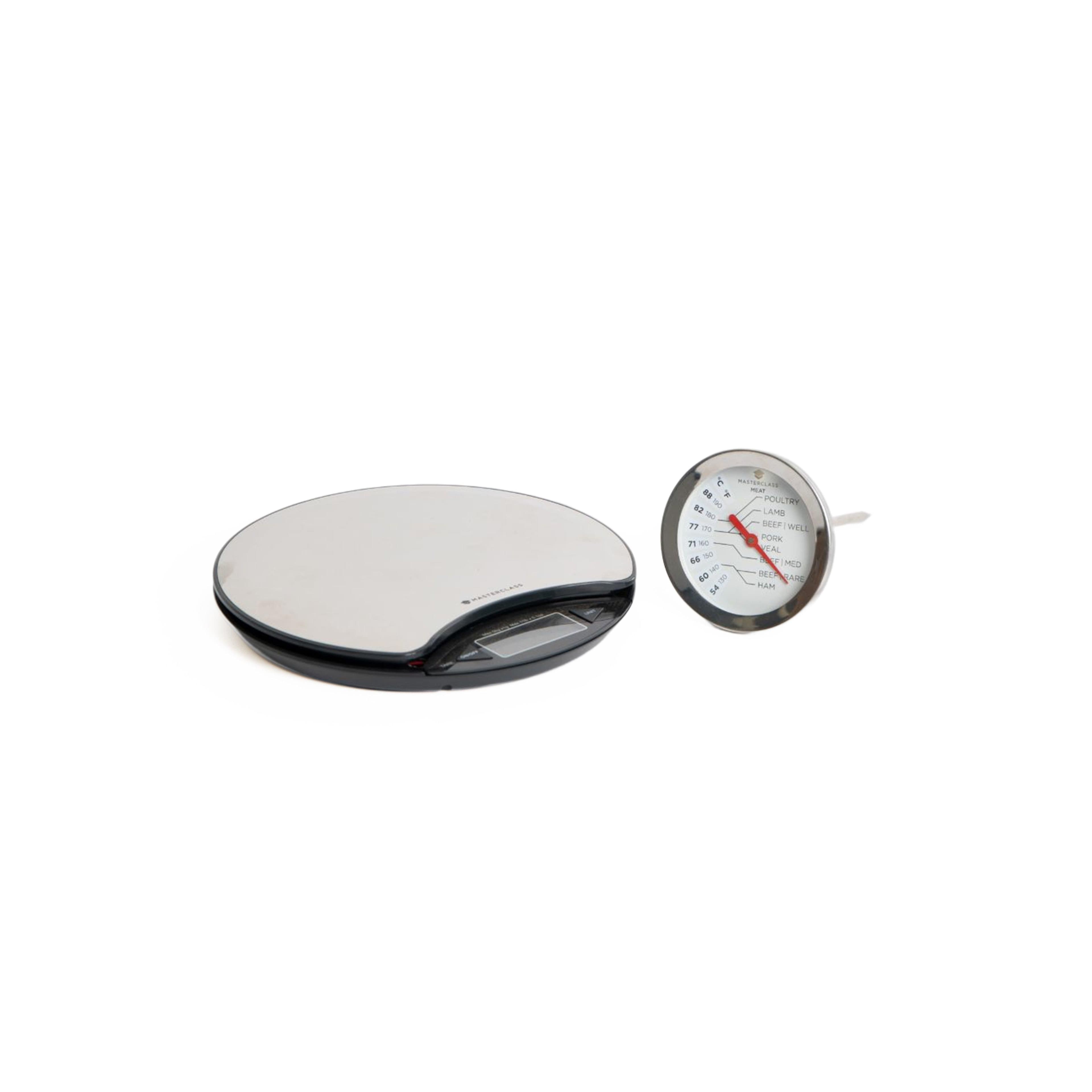 2pc Kitchen Tools Set Digital Round Platform Scale Deluxe Stainless Steel Large Meat Thermometer