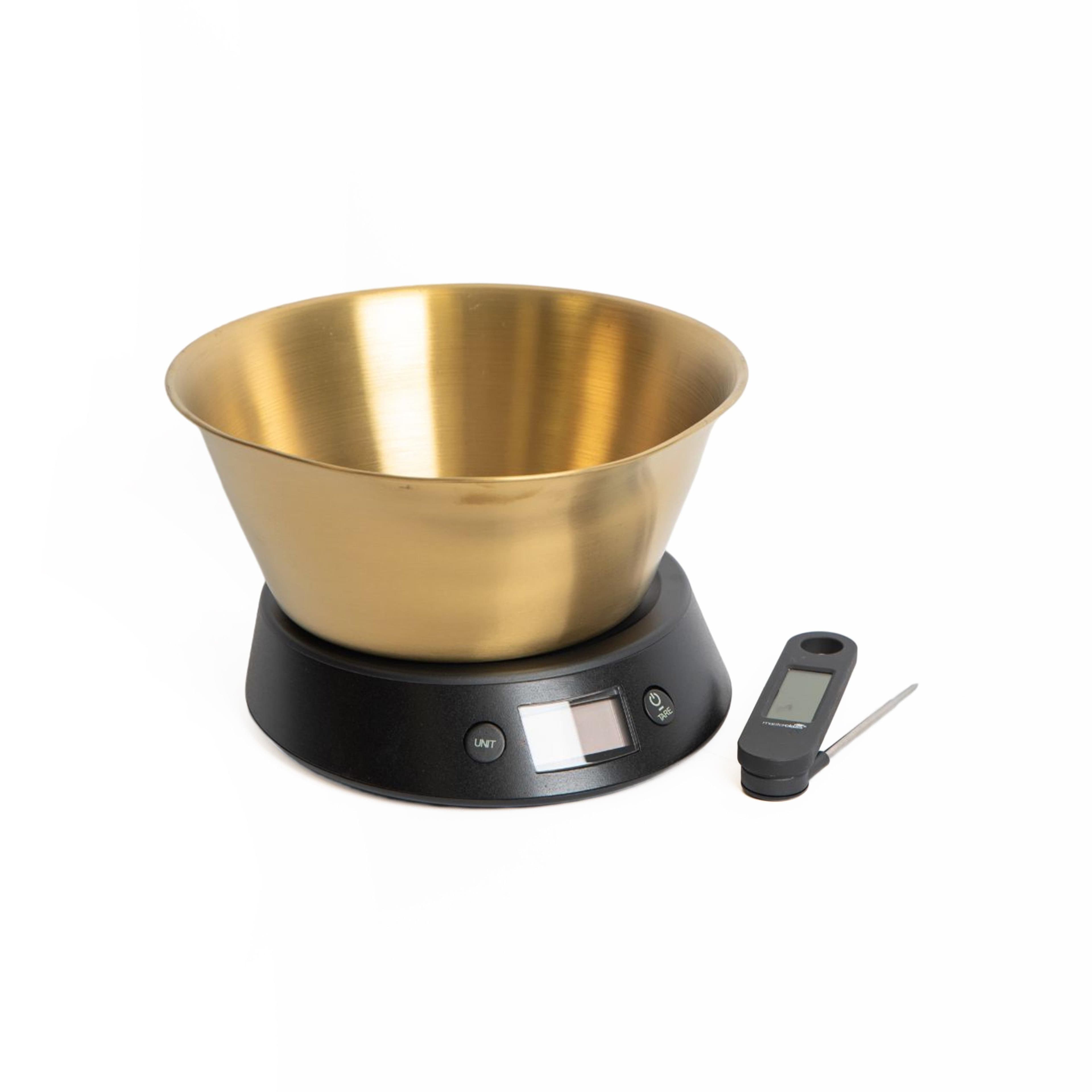 2pc Kitchen Tool Set Including Digital Weighing Scale Brass Finish Bowl & Folding Digital Thermometer