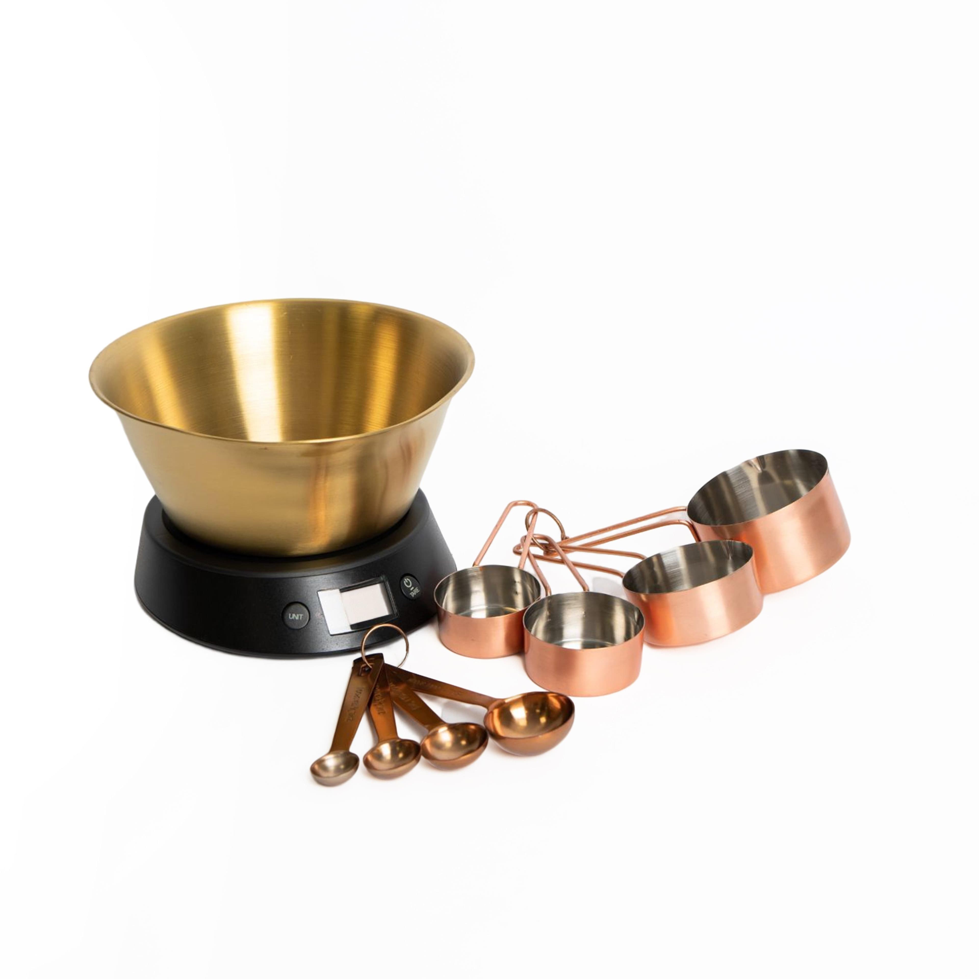 9pc Kitchen Measuring Set Digital Scales & Brass Bowl 4x Measuring Cups 4x Measuring Spoons