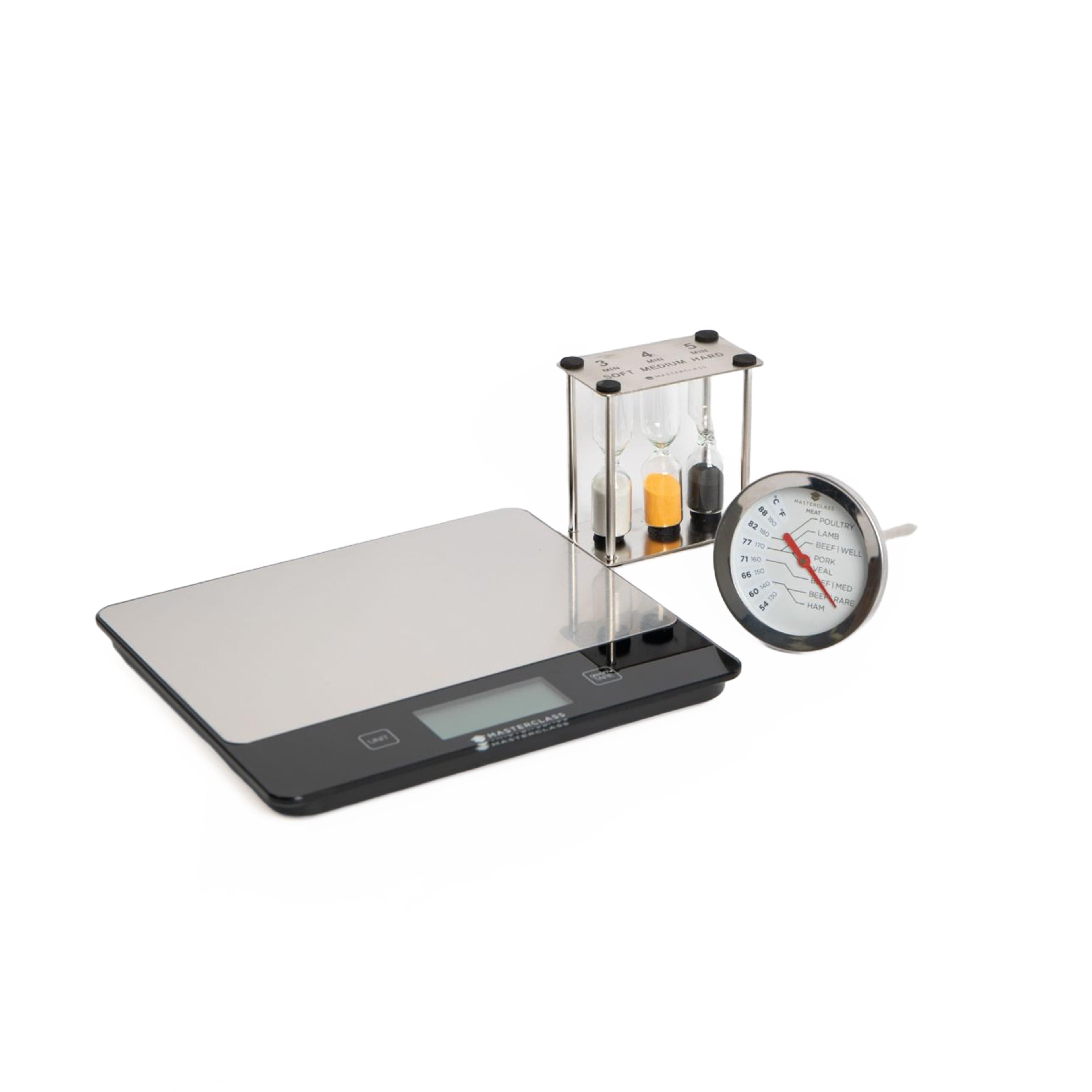 3pc Kitchen Tools Set Dry & Liquid Digital Kitchen Scales Wireless Stainless Steel Meat Thermometer & Egg Timer