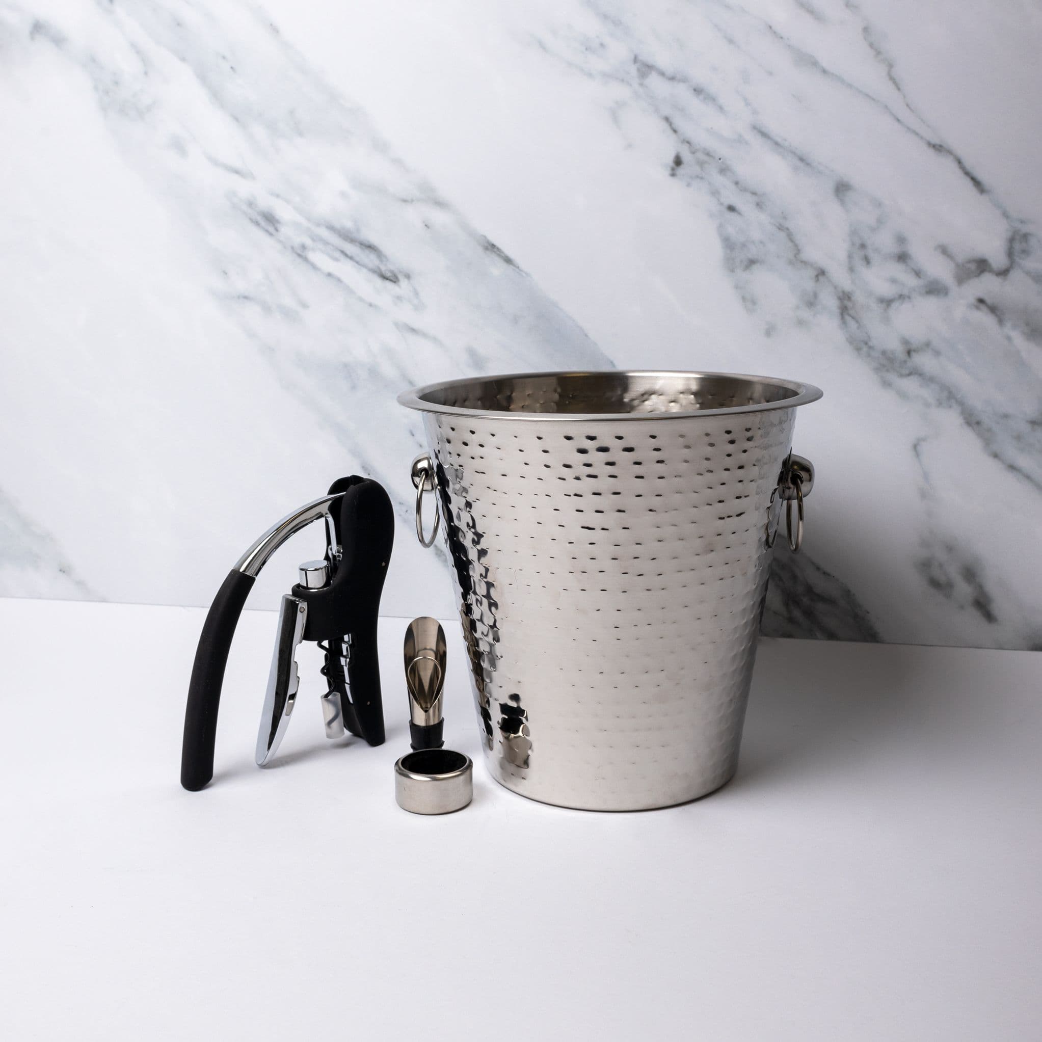 4pc Wine Accessories Set including Stainless Steel Hammered Wine Bucket, Corkscrew, Pourer and Drip Collar