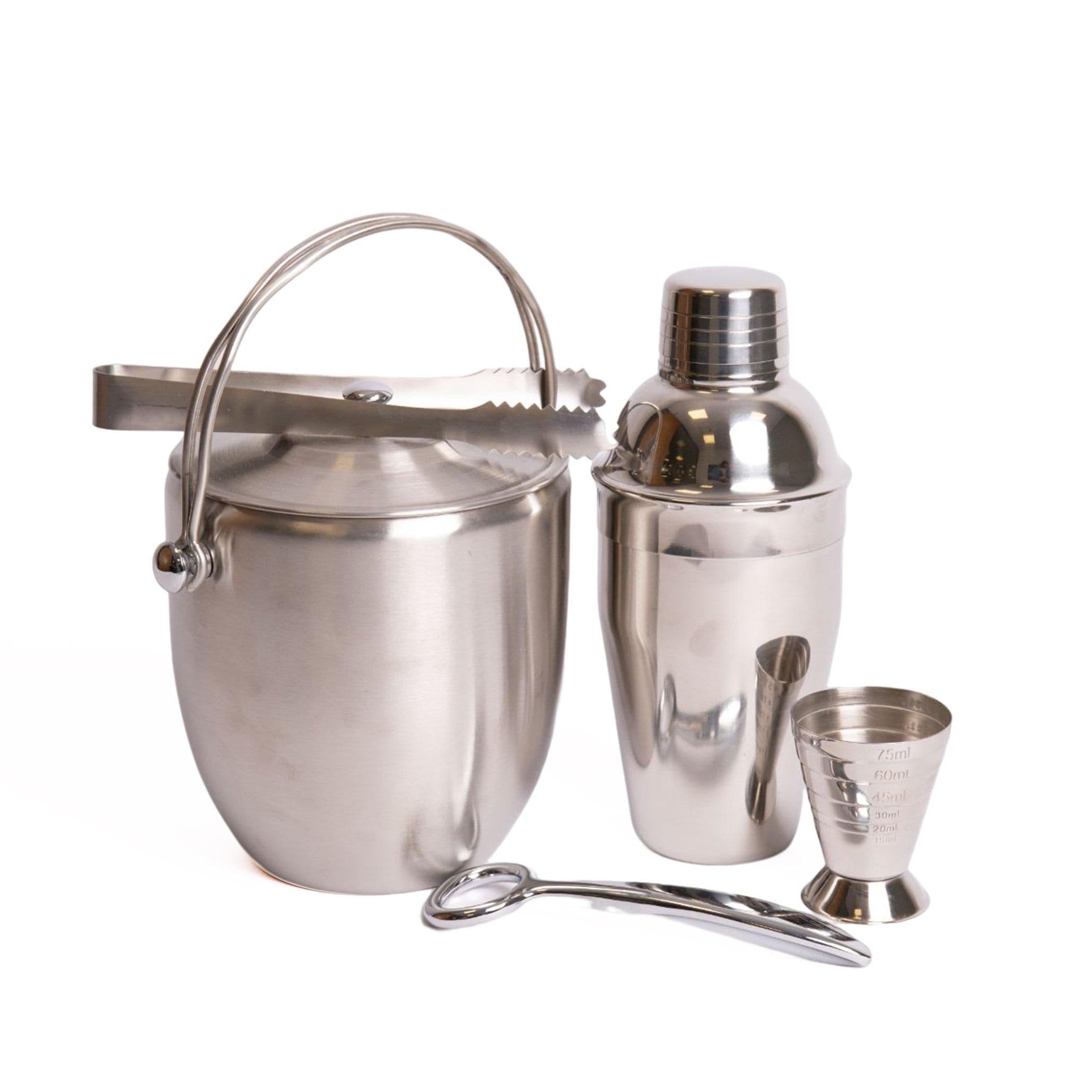 4pc Barware Set including Stainless Steel Ice Bucket with Tongs, Jigger, Bottle Opener and Cocktail Shaker