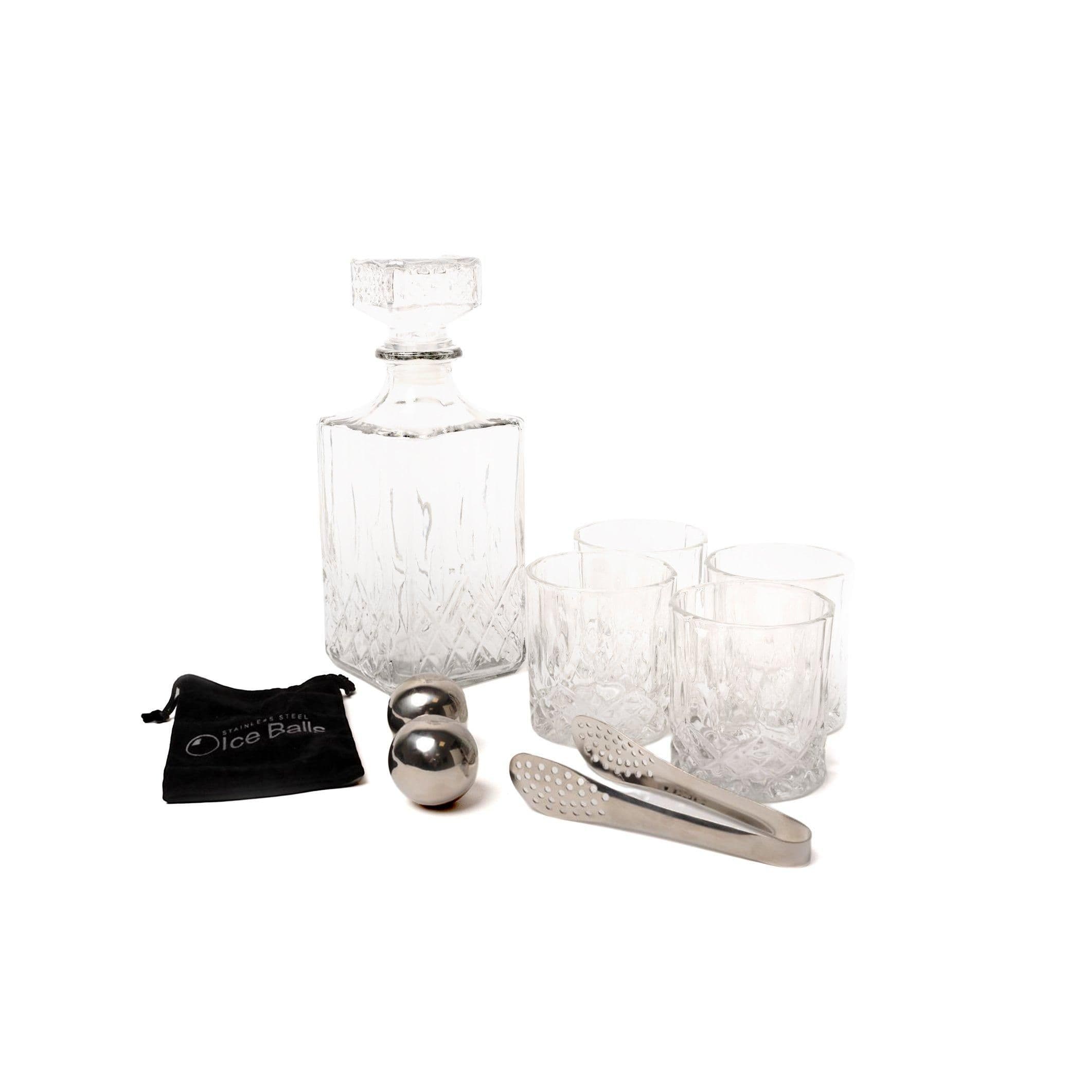 8pc Bar Tool Set including 900ml Whisky Glass Decanter, 4x Glasses, Stainless Steel Ice Balls, Tongs & Storage Bag