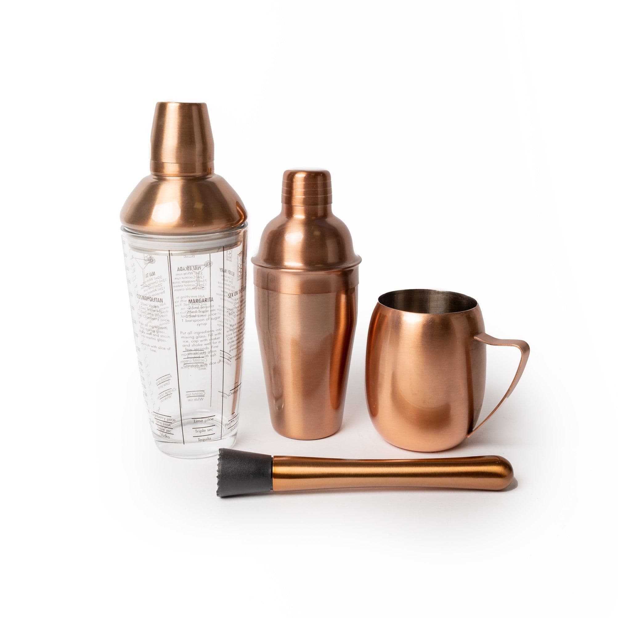 4pc Cocktail-Making Set with Copper Finish Classic Cocktail Shaker, Boston Shaker, Muddler and Moscow Mule Mug
