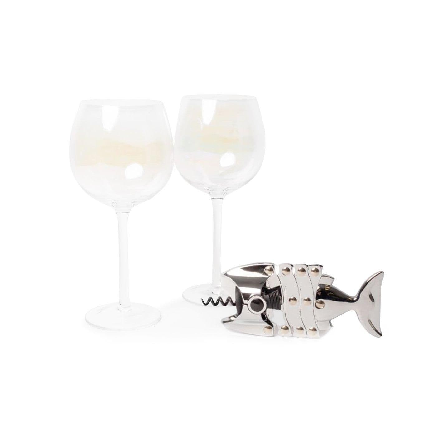 3pc Drinkware Set with 2x Iridescent Gin Glasses and Lazy Fish Stainless Steel Corkscrew
