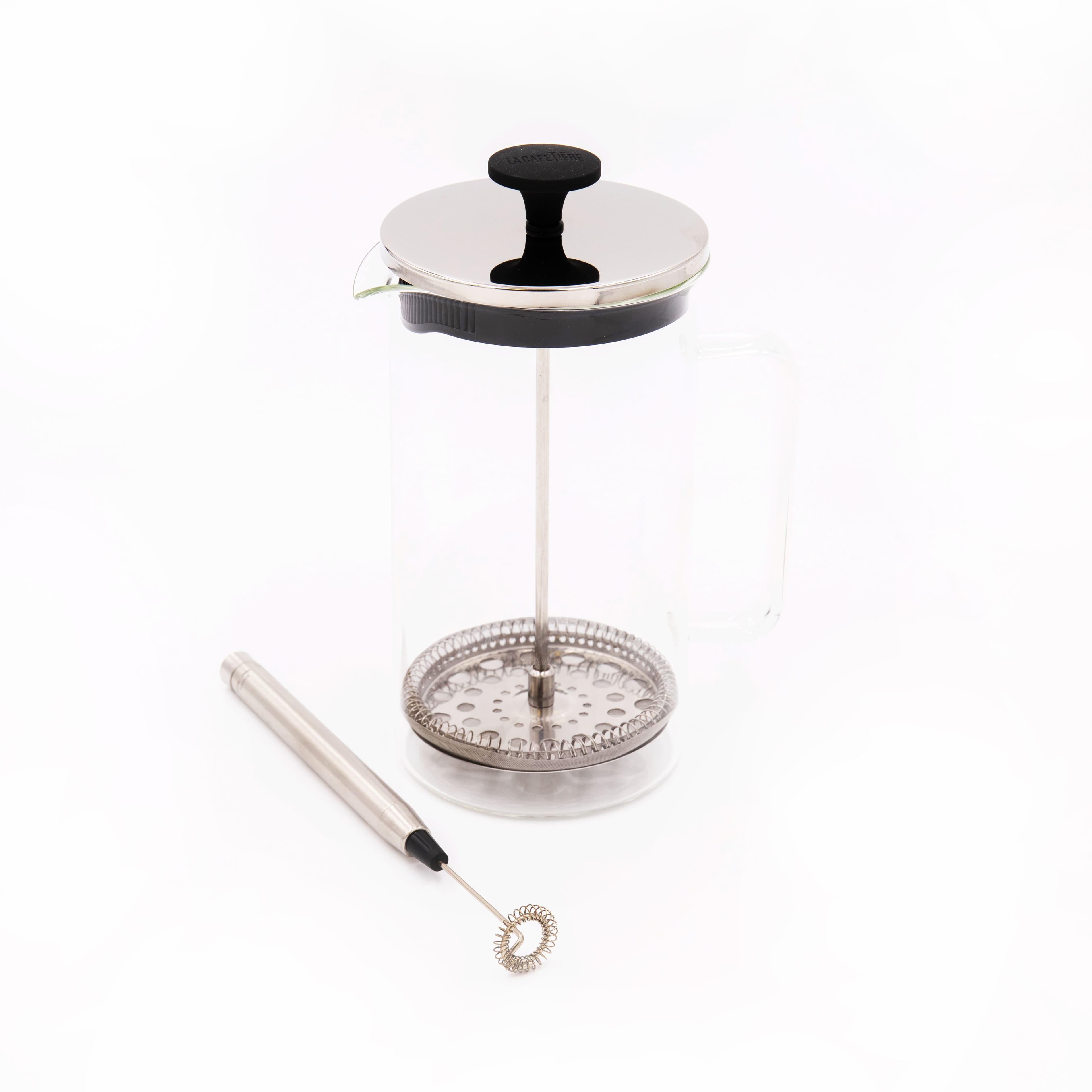 2pc Cafetière Set 8 Cup Glass Cafetière Battery Operated Handheld Milk Frother