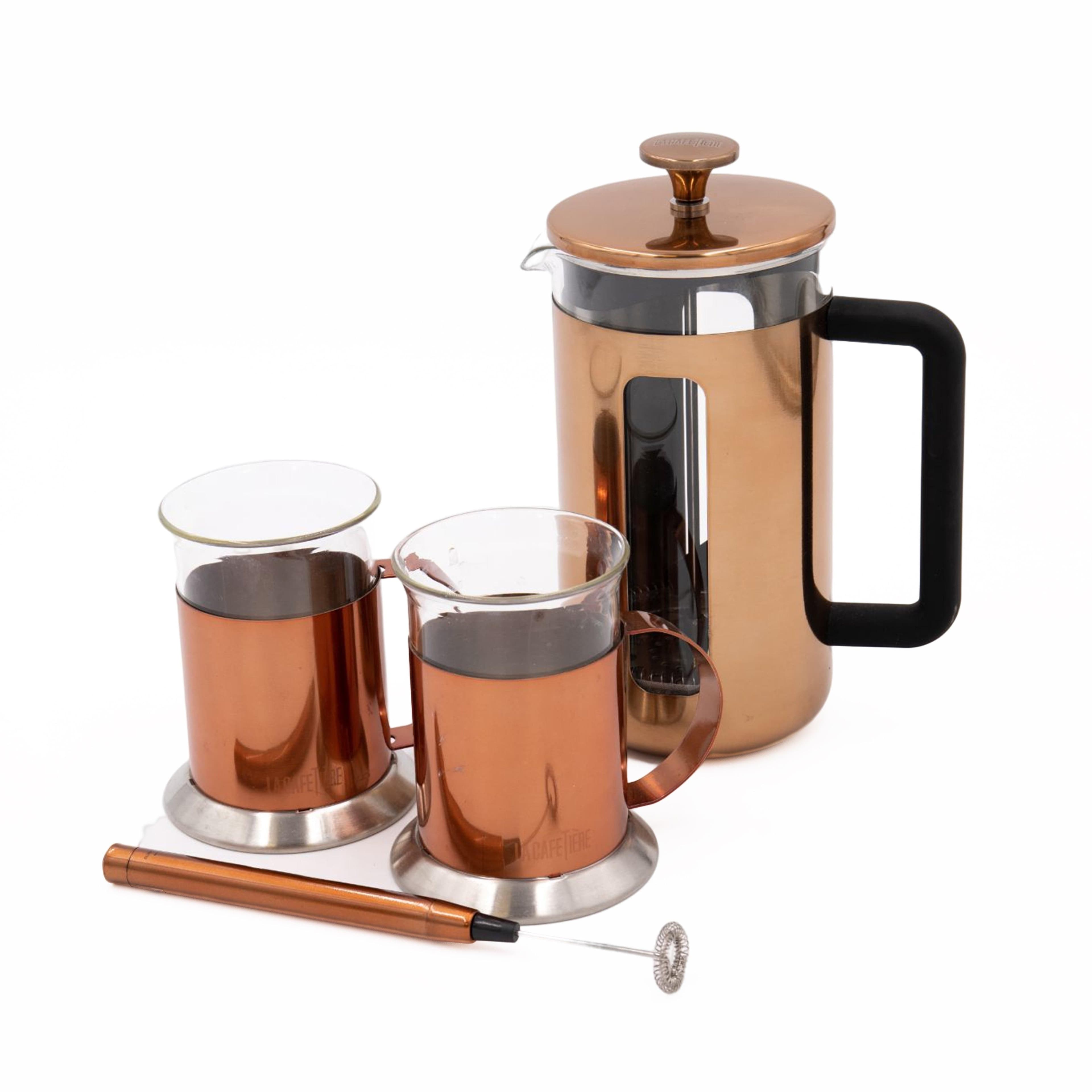 3pc Cafetière Gift Set Pisa 8 Cup Cafetière Battery Operated Handheld Milk Frother 2x Coffee Mugs