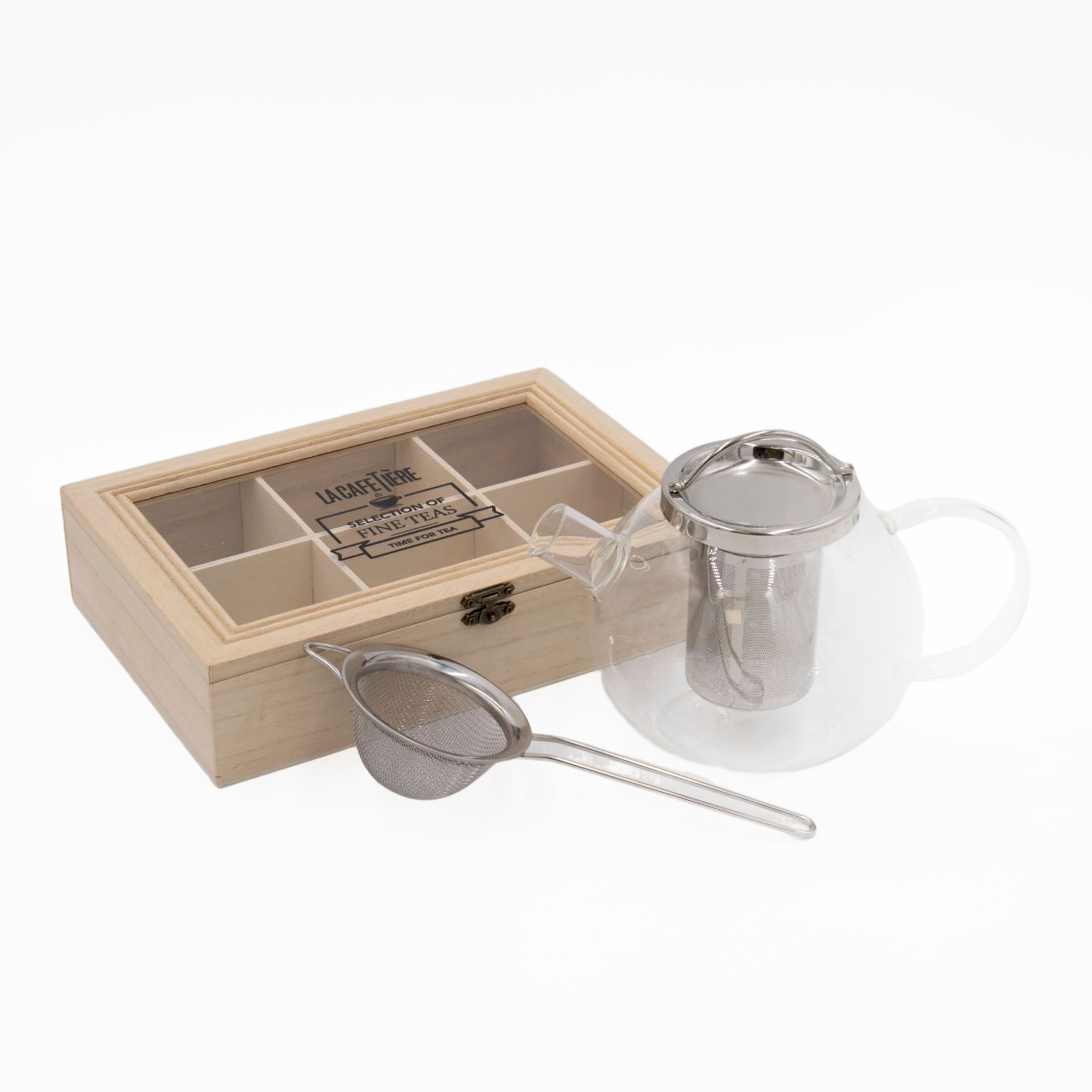 3pc Tea Set Darjeeling 4 Cup Glass Teapot Infuser Tea Strainer 6 Compartment Tea Box