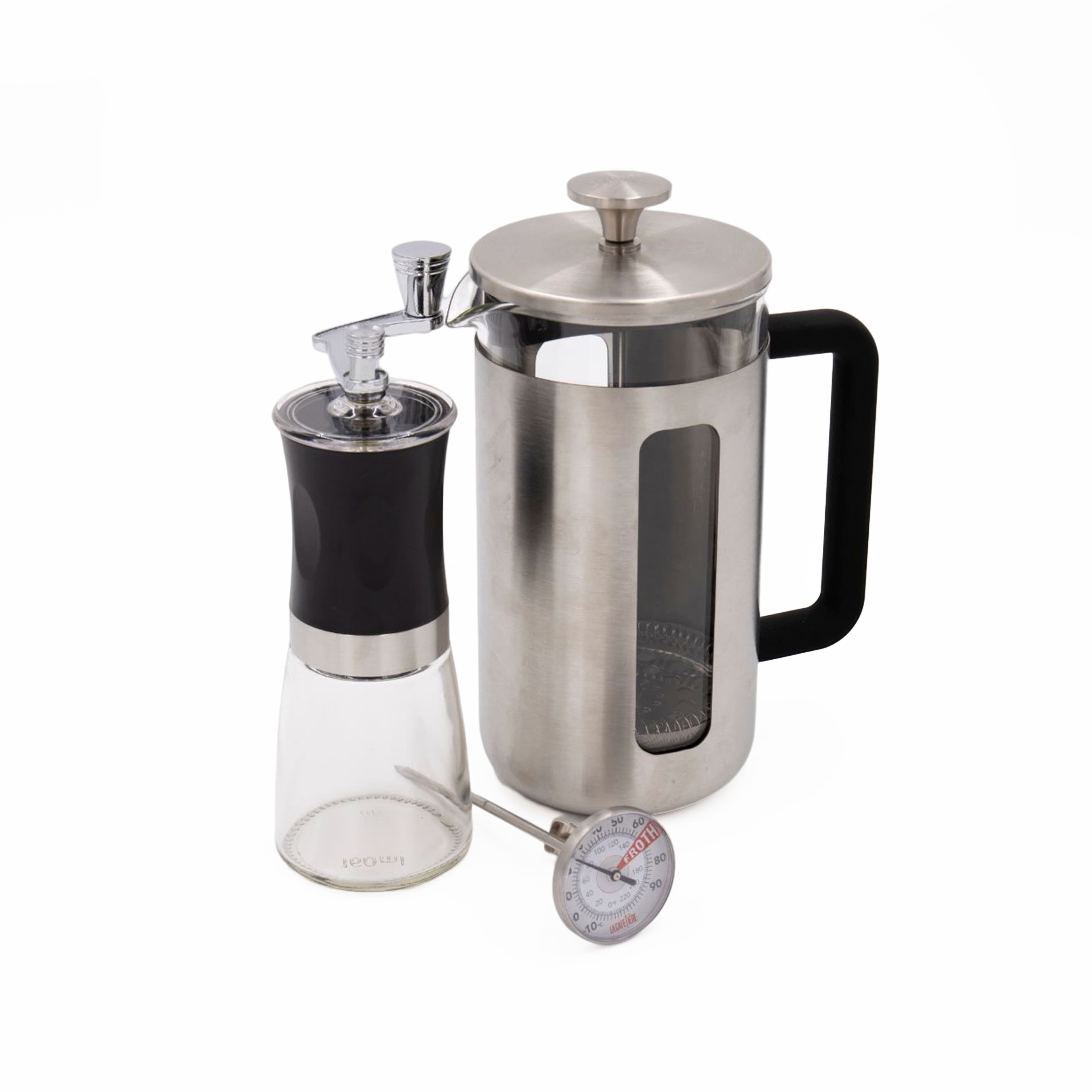 3pc Cafetière Gift Set Stainless Steel Pisa 8 Cup Cafetière Manual Coffee Grinder Milk Frothing Thermometer