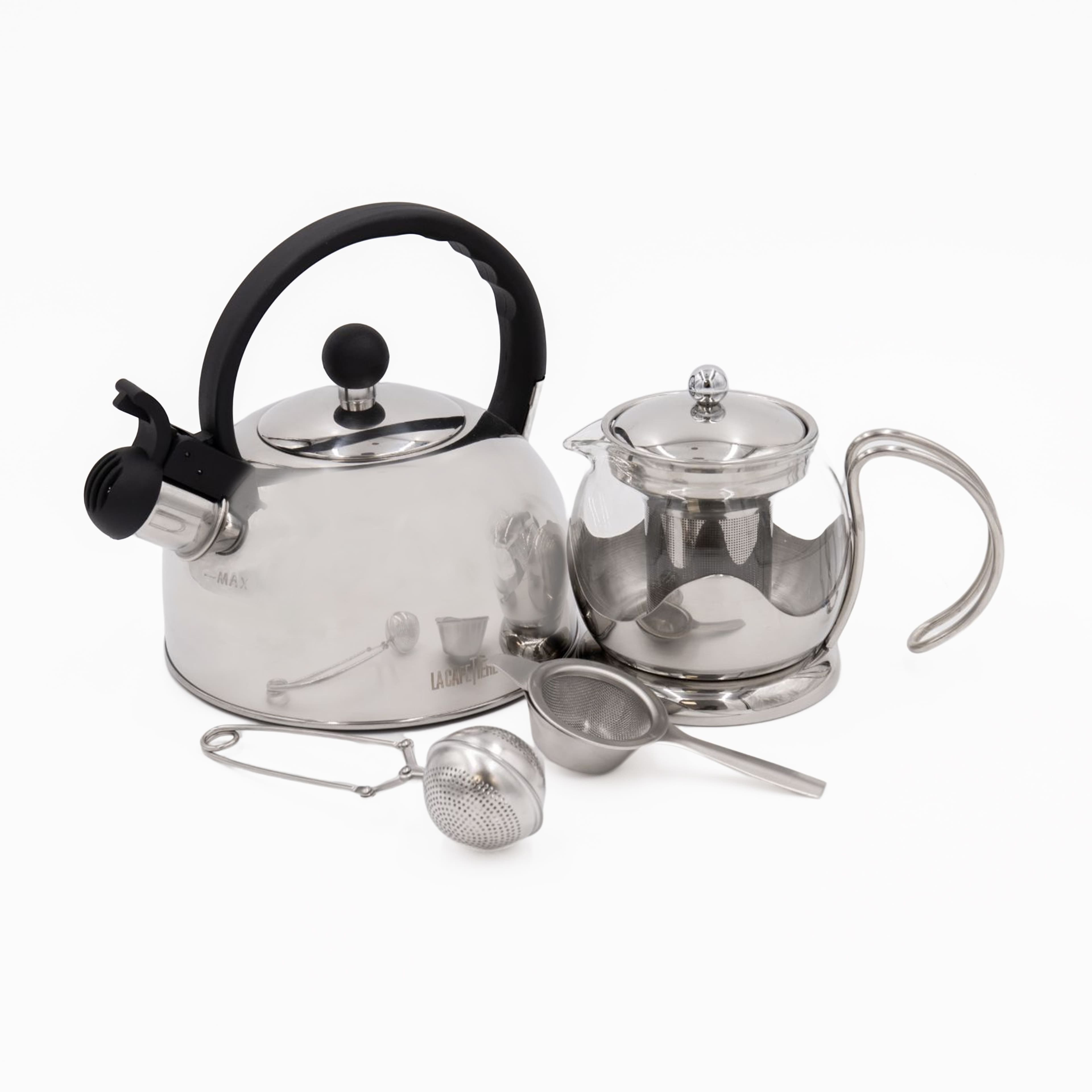 4pc Tea Set Glass Teapot 600ml Whistling Kettle 1.3L Tea Strainer Stand Stainless Steel Tea Infuser