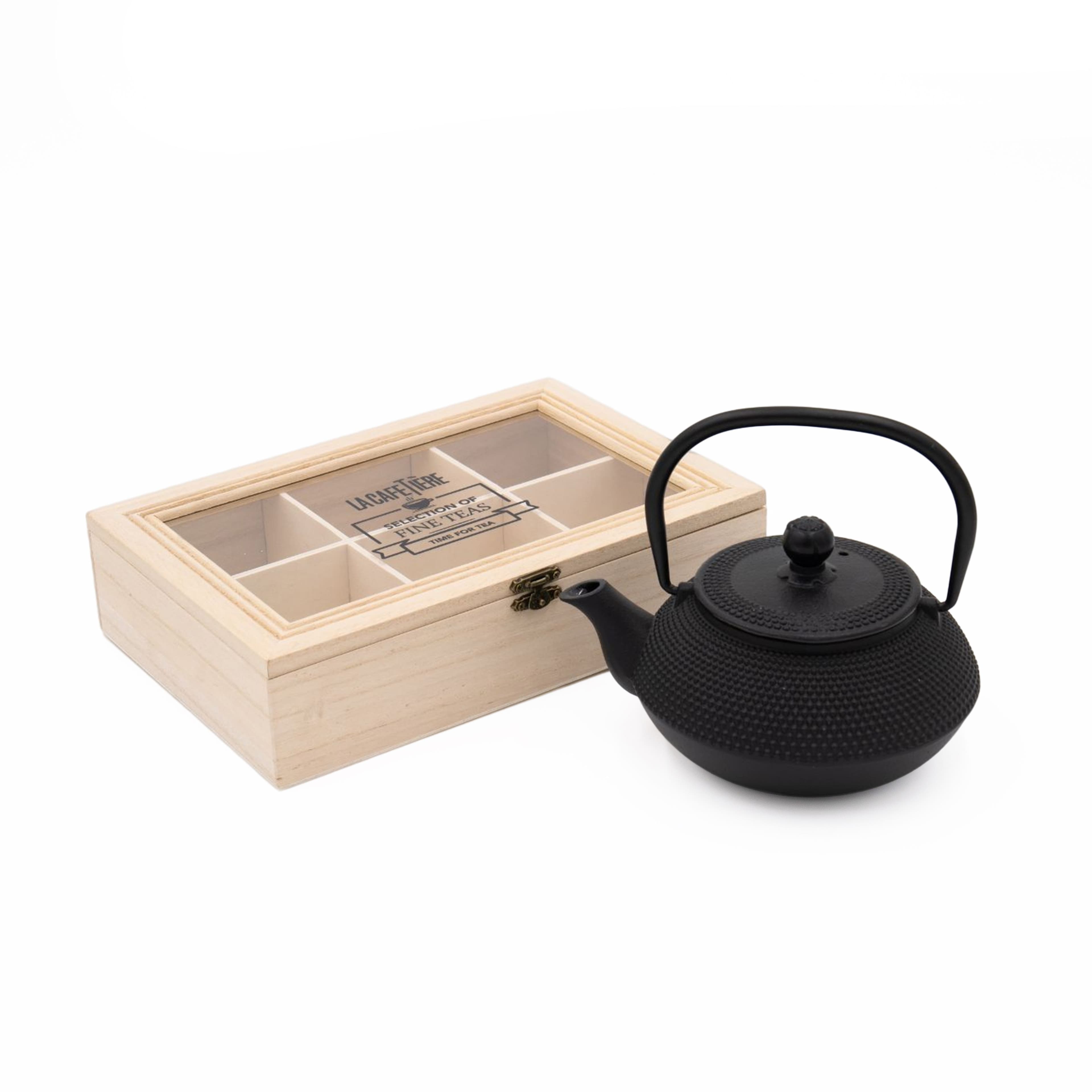 2pc Tea Set including Cast Iron Japanese Teapot Infuser Wooden Compartment Tea Box